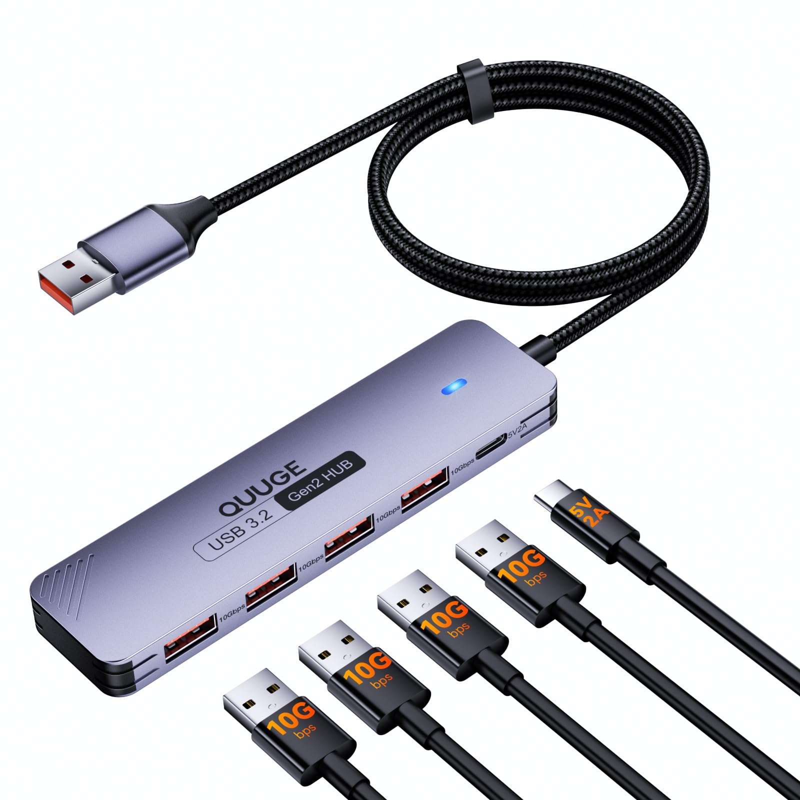 USB 3.2 Gen2 Hub, QUUGE 5-in-1 USB Splitter with 4 USB-A 10Gbps Ports, USB Multiport Adapter with 120cm Nylon Cable, 5V 2A Type-