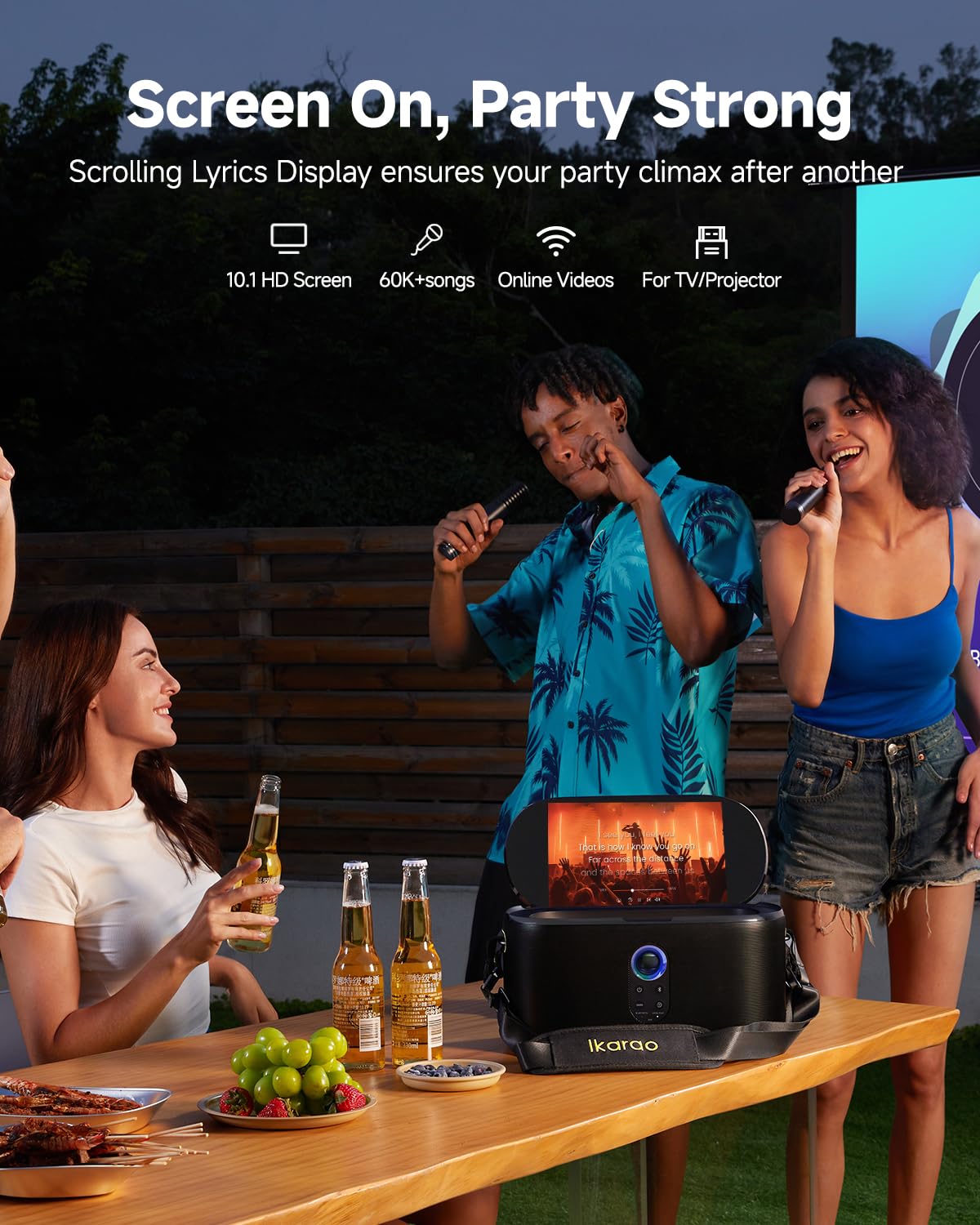 Ikarao Speaker With Microphone, 280W Deep Bass For Party, Two Microphones, 10.1'' Screen Lyrics Display, Loud Wireless Speakers,