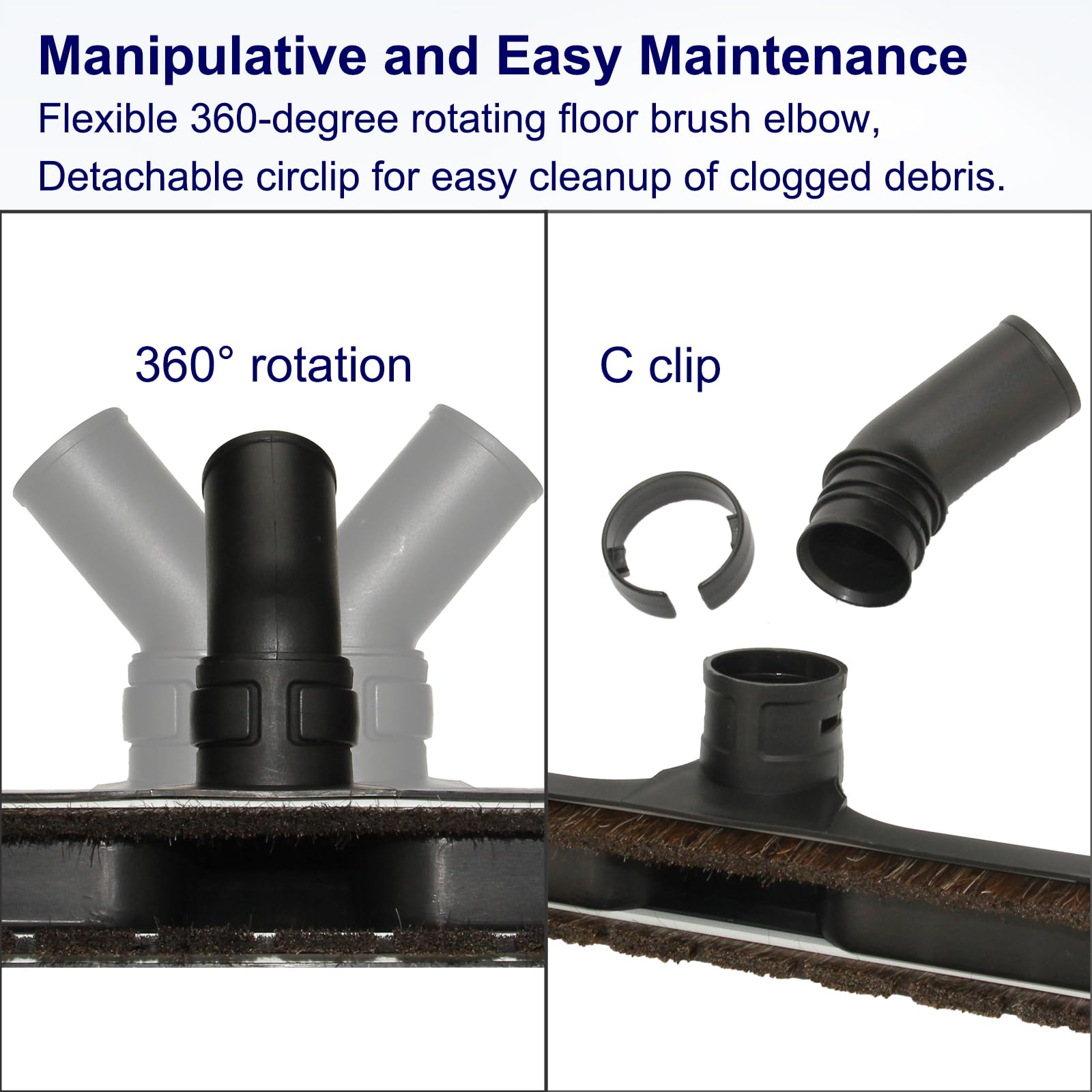 Portek 12 Wide Hardwood Universal Vacuum Floor Brush 1 1/4 (1.25In 32Mm) Inner Diameter With Soft Horse Hair Bristles, 360 Swive