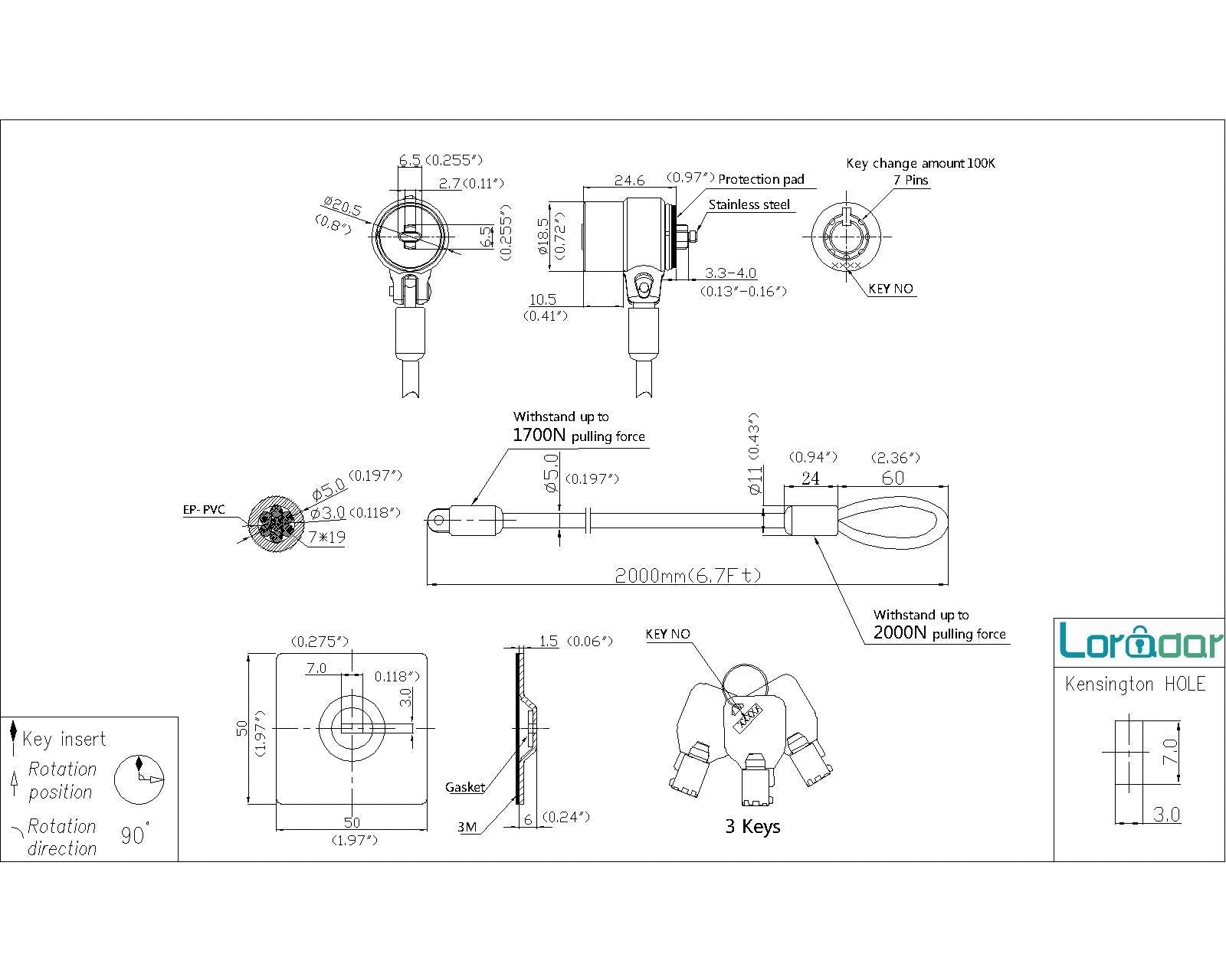 Loradar 5Pack Laptop Cable Lock Hardware Security Cable Lock Anti Theft 5Keys 6.7Ft Compatible For Laptops, Imac,Out Door Tv,Mac
