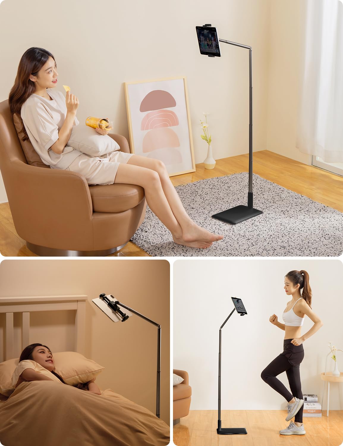Viozon Tablet Floor Stand Flexible Long Arm Tablet&Phone Holder,360� Angle Adjustable,Aluminum Alloy,Bedside,Sofaside,Desk,Compatible with iPad,Kindle, iPhone 16 15 Plus/Pro Max (3.5'' 11'') Black