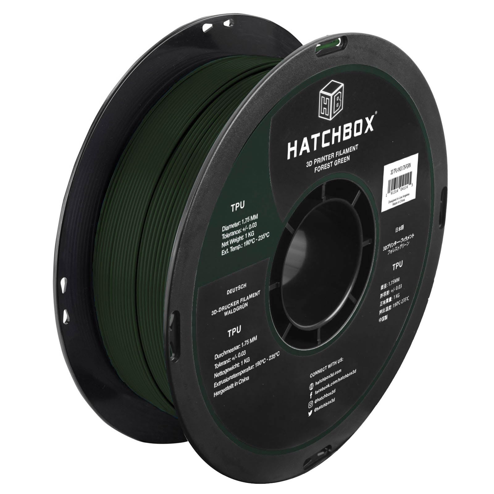 HATCHBOX 1.75mm Forest Green TPU 3D Printer Filament Shore 95A, 1 KG Spool, Dimensional Accuracy +/- 0.03 mm, 3D Printing Filame