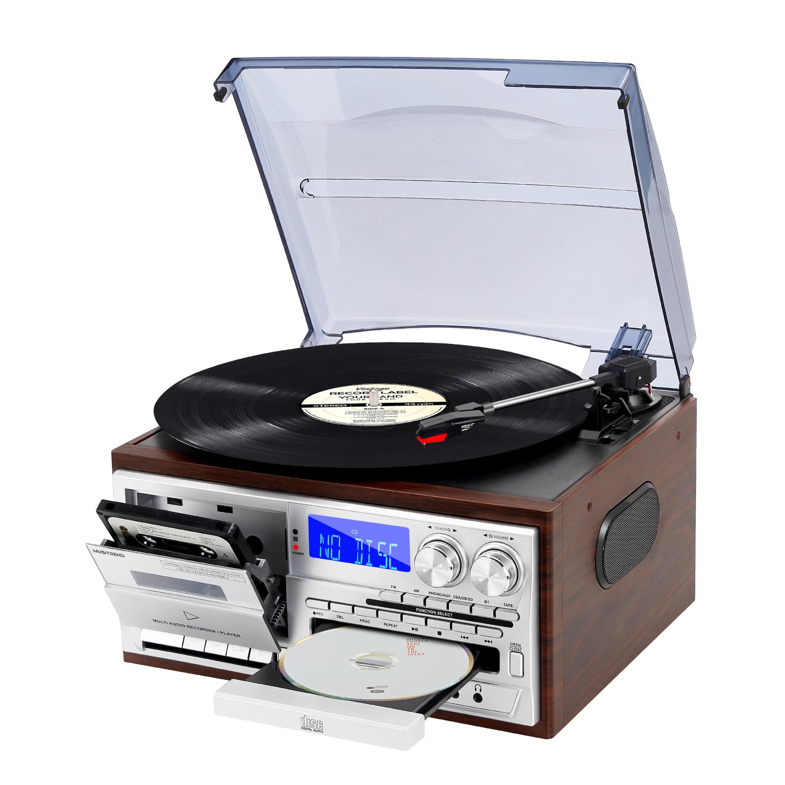 Musitrend Record Player 9 In 1 3 Speed Bluetooth Vintage Turntable Cd Cassette Vinyl Player Am/Fm Radio Usb/Sd Encoding Aux In R