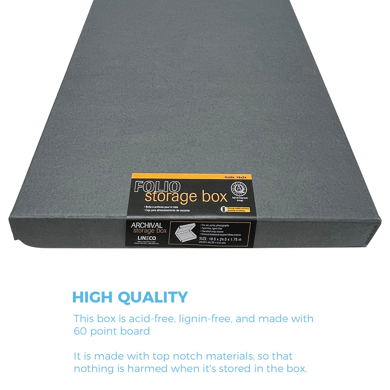 Lineco Folio Storage Box, Clamshell Design With Metal Edge. 18.5X24.5X1.75 Inches, Archival Boxboard, Preserve Photos, Cards, Magazines, Documents, Art, Ephemera, Family Records, Gray, Pack Of 1