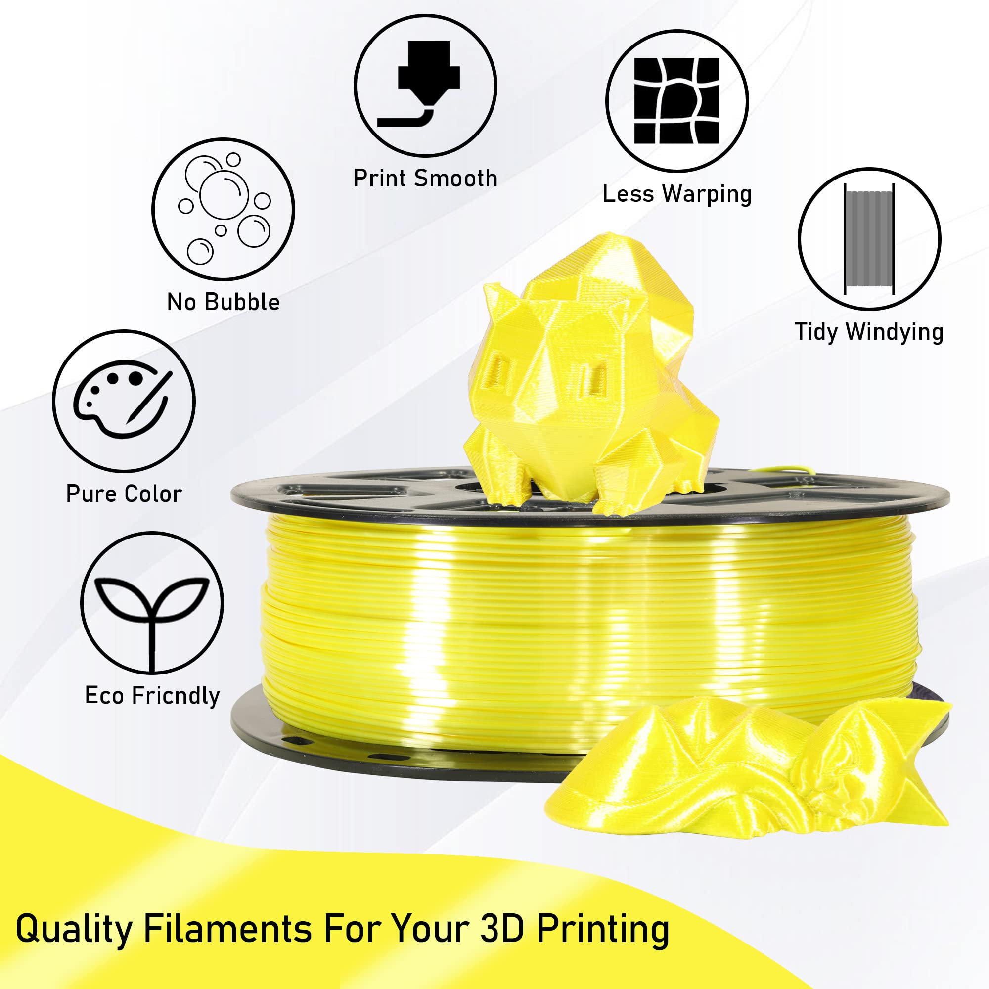 Silk Yellow Shiny Pla 3D Printing Filament, 1Kg 2.2Lbs 1.75Mm 3D Print Material With High Diameter Accuracy, Neatly Wound Silk P