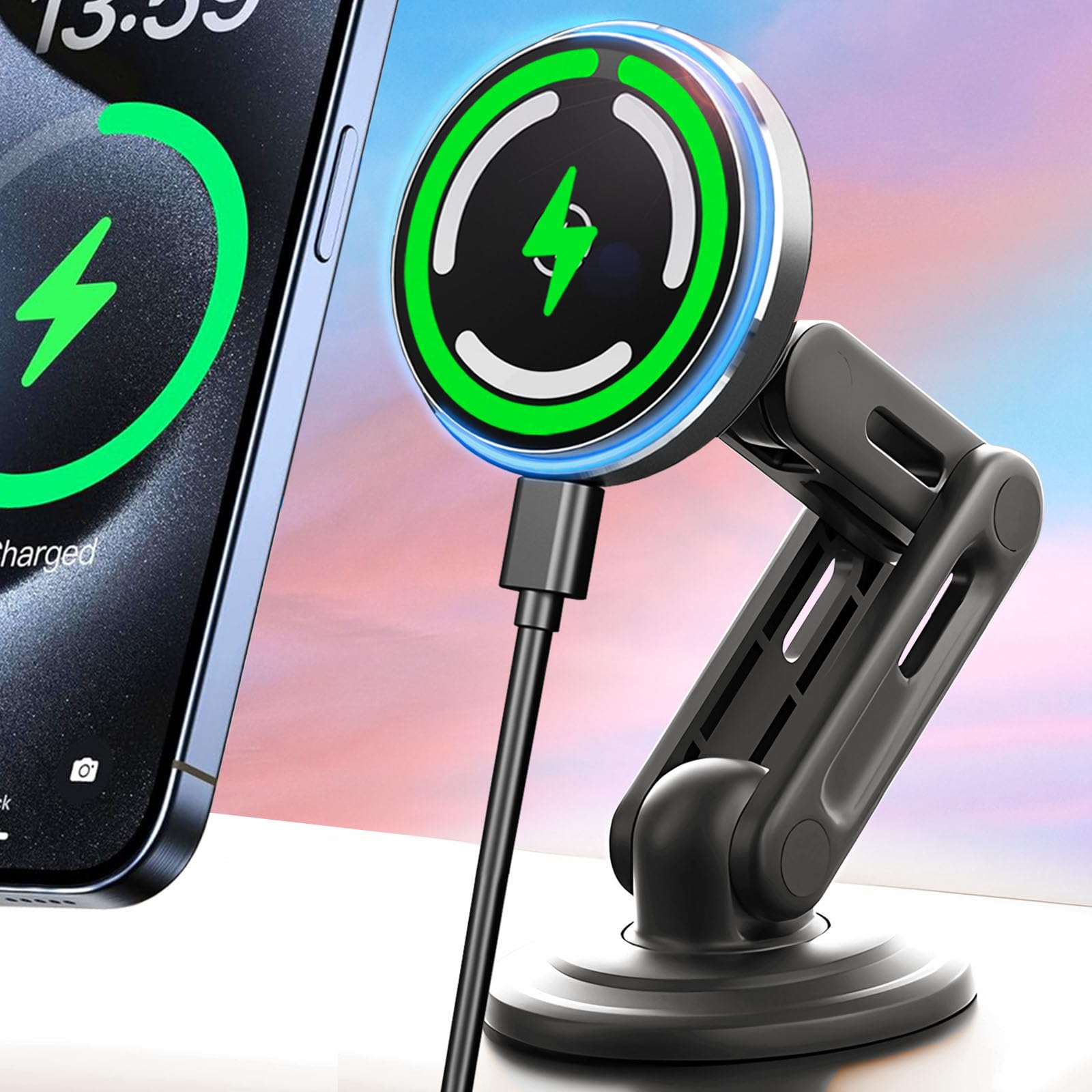 WCKESI Qi2 15W for MagSafe Car Mount Charger, LED Ambient Light, Retractable with Long Arm & 360Rotation, Dash Magnetic Wireless