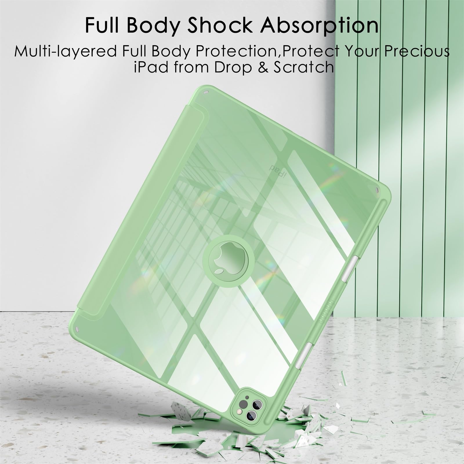 Soke Case For Ipad Air 13 M2 2024/Pro 12.9 (6Th/5Th/4Th Generation, 2022/2021/2020)   Pencil Holder+Auto Sleep/Wake+Camera Protection, Shockproof Back Cover For Ipad Pro 12.9 Inch, Matcha Green