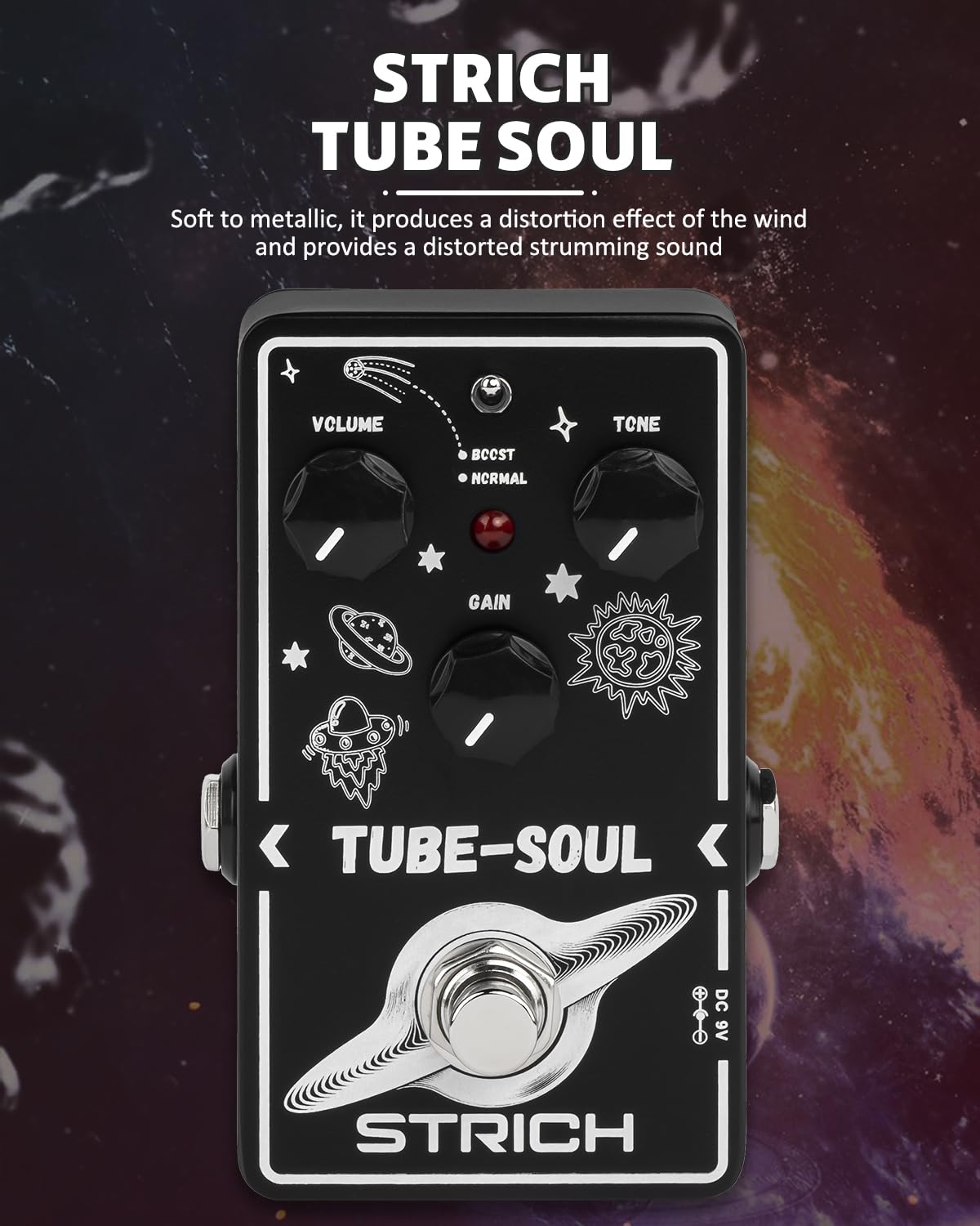 Strich Tube Soul Tube Overdrive Distortion Pedal For Electric Guitar, Compact Mini Single Unit, True Bypass, 3 Control Knobs, Vo