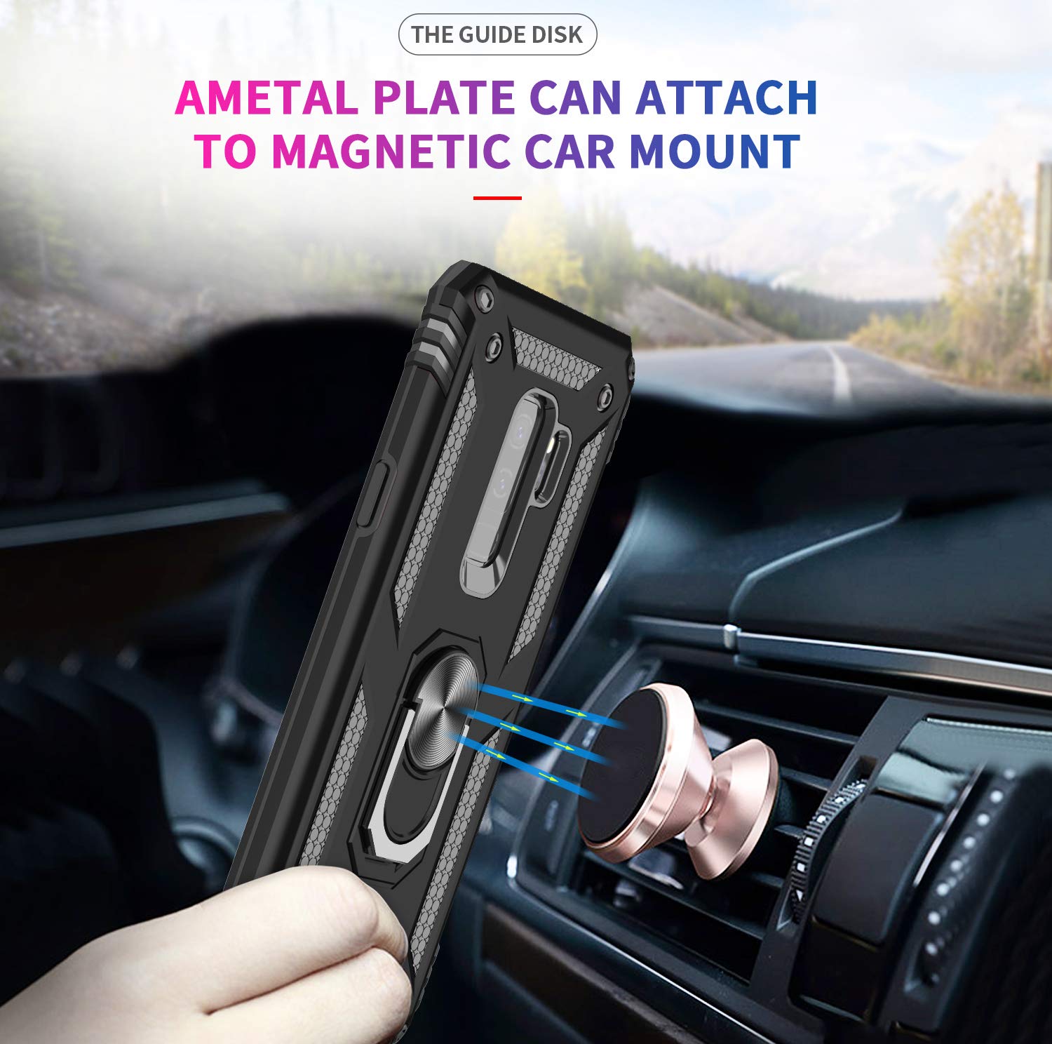 LeYi Samsung Galaxy S9 Plus Phone Case Military-Grade Magnetic Ring Stand Black with 2 Pack 3D Curved Screen Protector