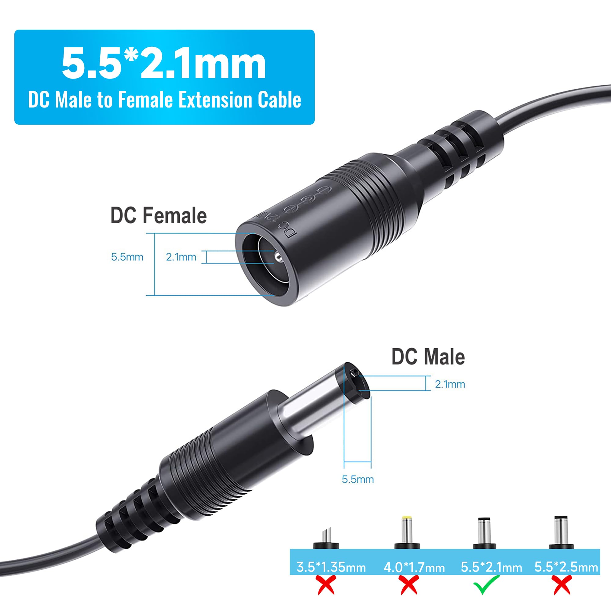 2 Pack 33Ft/10M Power Extension Cable, Dc 12V Power Extension Cord 2.1Mm X 5.5Mm, Compatible With 12V Dc Power Supply Adapter Or