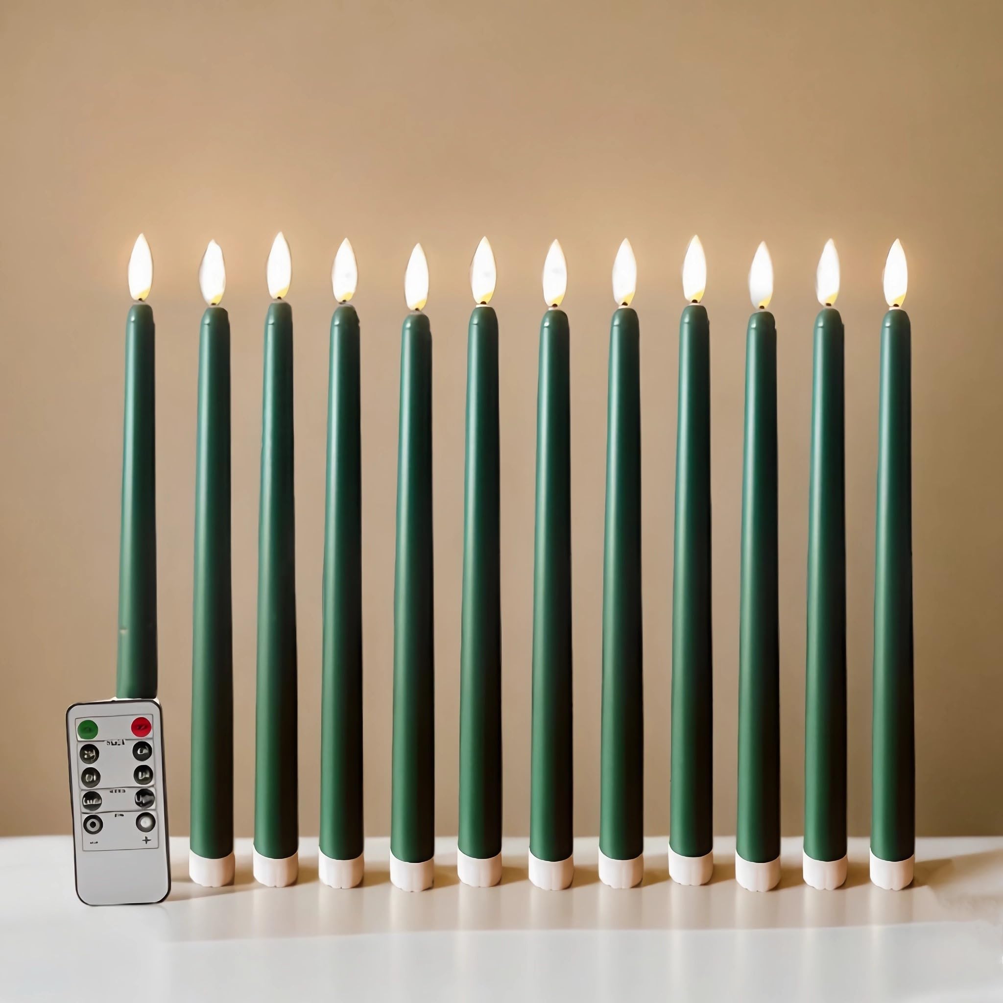 Ni Jasw Green Flameless Taper Candles With Remote Timer, Flickering Battery Led Candlesticks Set Of 12