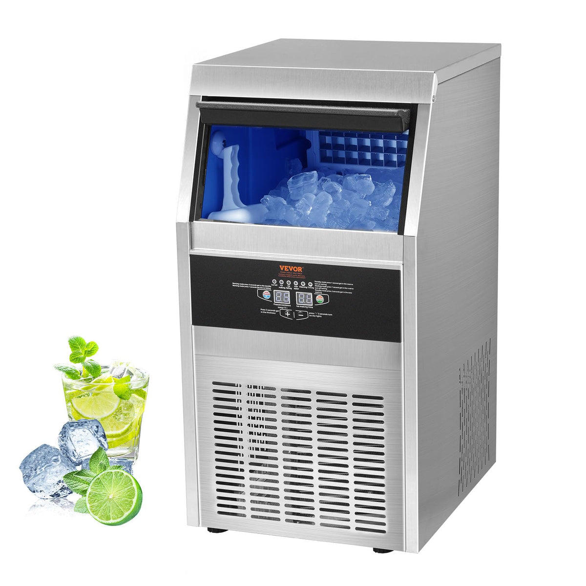 Vevor Commercial Ice Maker Machine, 65Lbs/24H Ice Maker Machine With 24Lbs Bin, Stainless Steel Construction, Self Cleaning Ice 