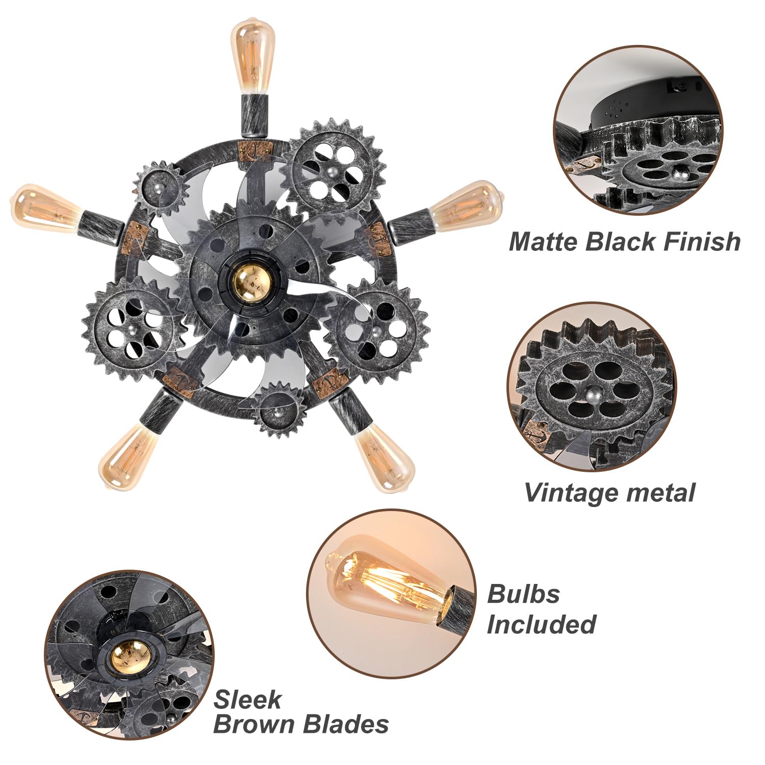 Hueoczw 20 Retro Industrial Steampunk Ceiling Fans With Lights And Remote,Low Profile Flush Mount Bladeless Ceiling Fan With Lig