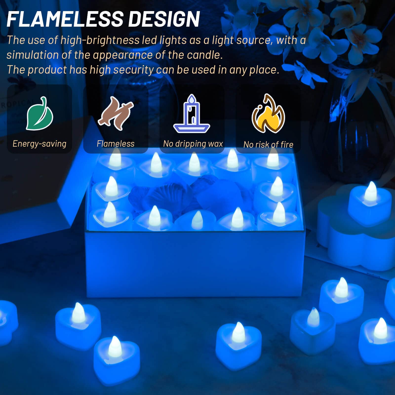 Cridoz Blue Rose Petals For Romantic Night For Him Set, 2000 Pieces Artificial Rose Petals With 24 Pieces Flameless Led Candles