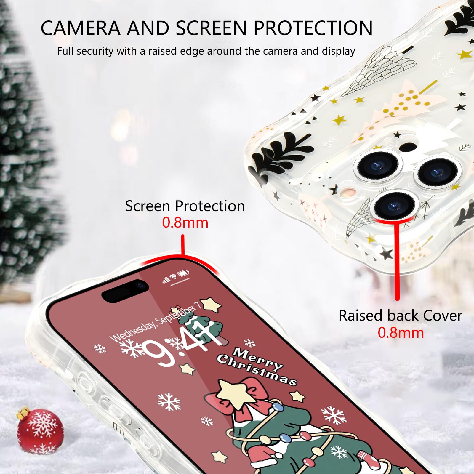 L Fadnut Christmas Phone Case For Iphone 15 Pro Cute Curly Wavy Merry Christmas Pattern Case Clear Santa Snowman Elk Cover For G