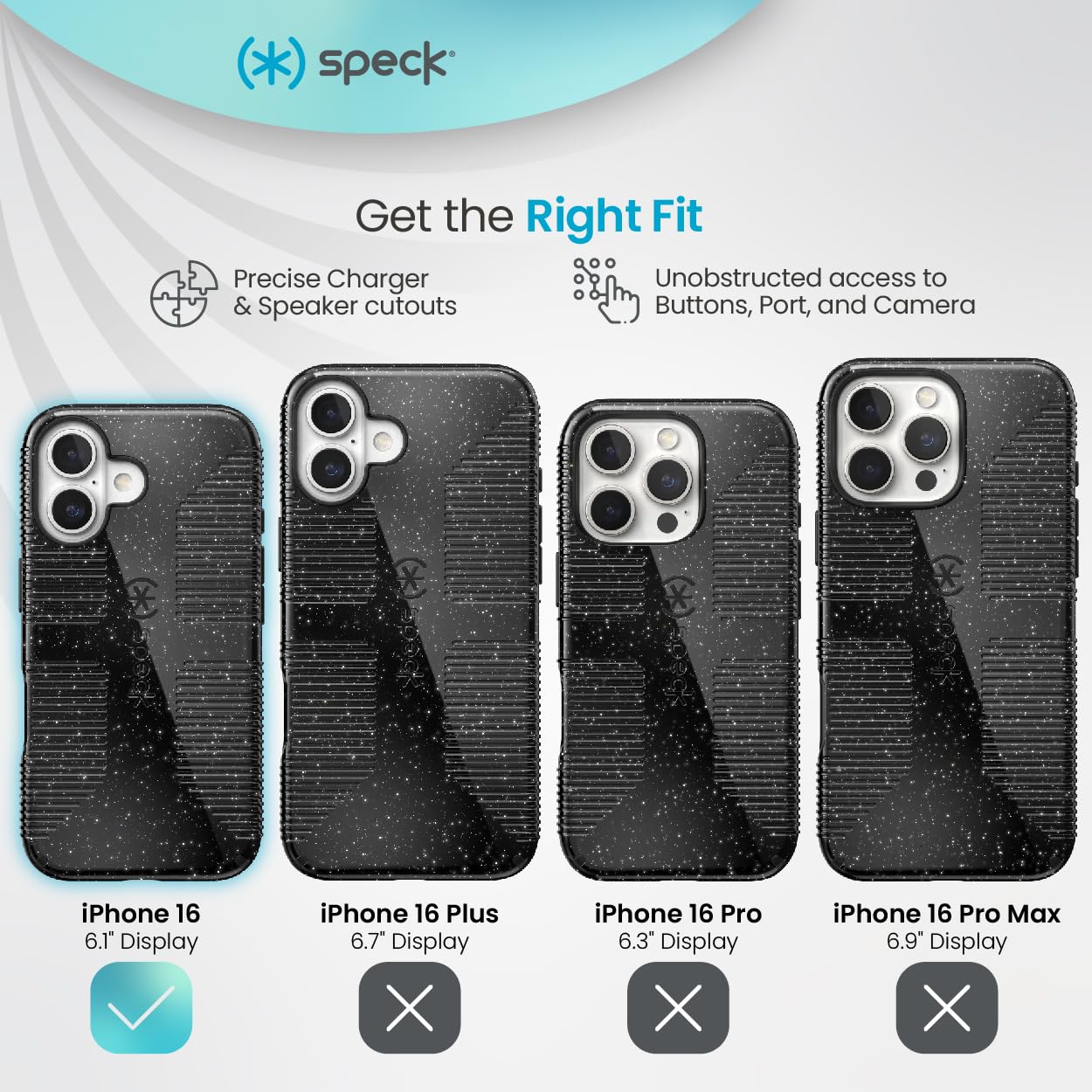 Speck iPhone 16 Case - CandyShell Grip, Slim MagSafe, Polycarbonate, Black Glitter/Steel Black, Model 150695-3247