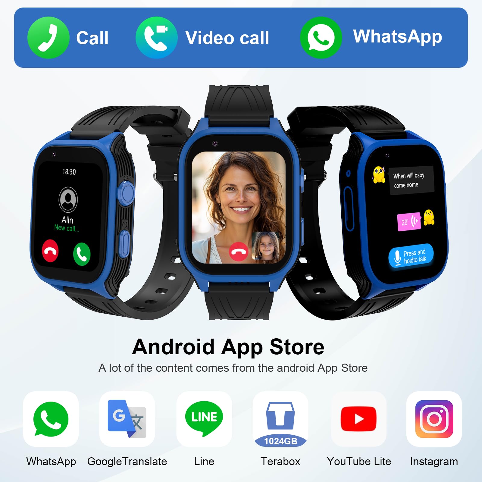 4G Kids Smart Watch With Sim Crad Gps Tracker Whatsapp 1.83 Large Touch Screen Wifi, Call, Voice Video Chat, Sos, Bluetooth, Ala