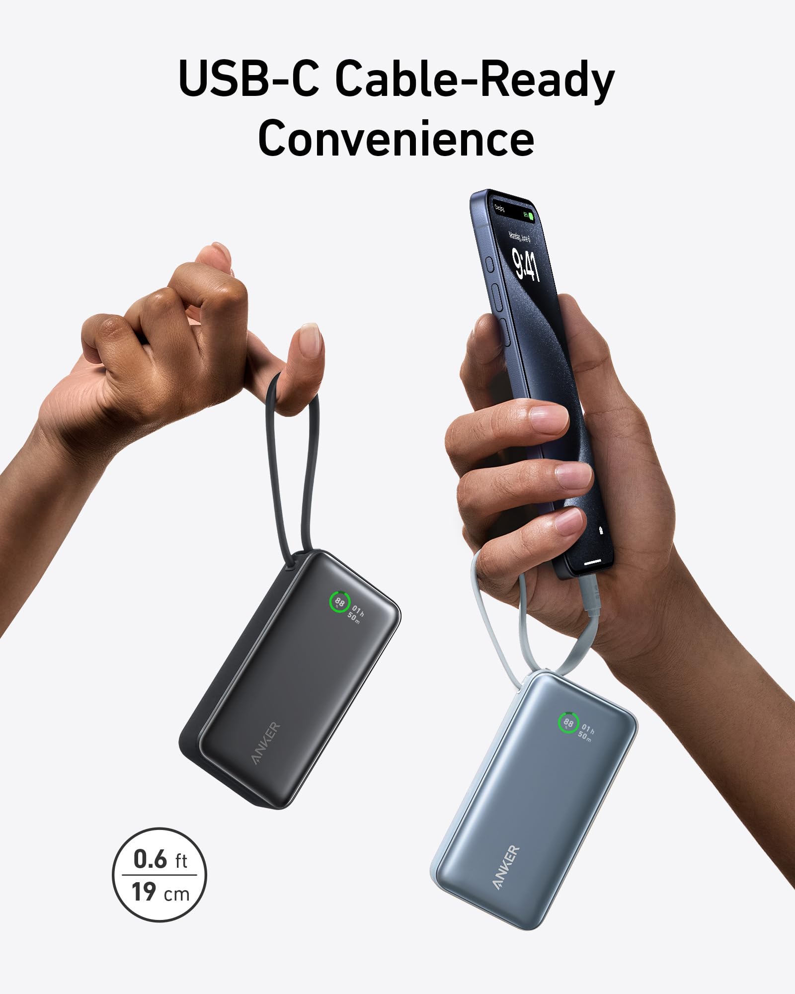 Anker Nano Power Bank, 10K Portable Charger With Built In Usb C Cable, Pd 30W Max Output With 1 Usb C, 1 Usb A, Compatible For I