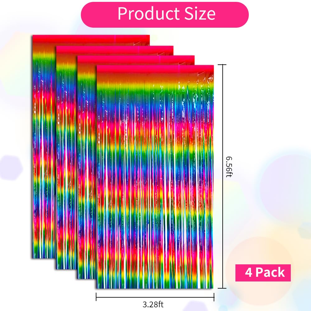 Beishida 4 Pack Rainbow Foil Fringe Curtain Steamers Party Backdrop   Tinsel Metallic Curtains Photo Backdrop For Door Birthday
