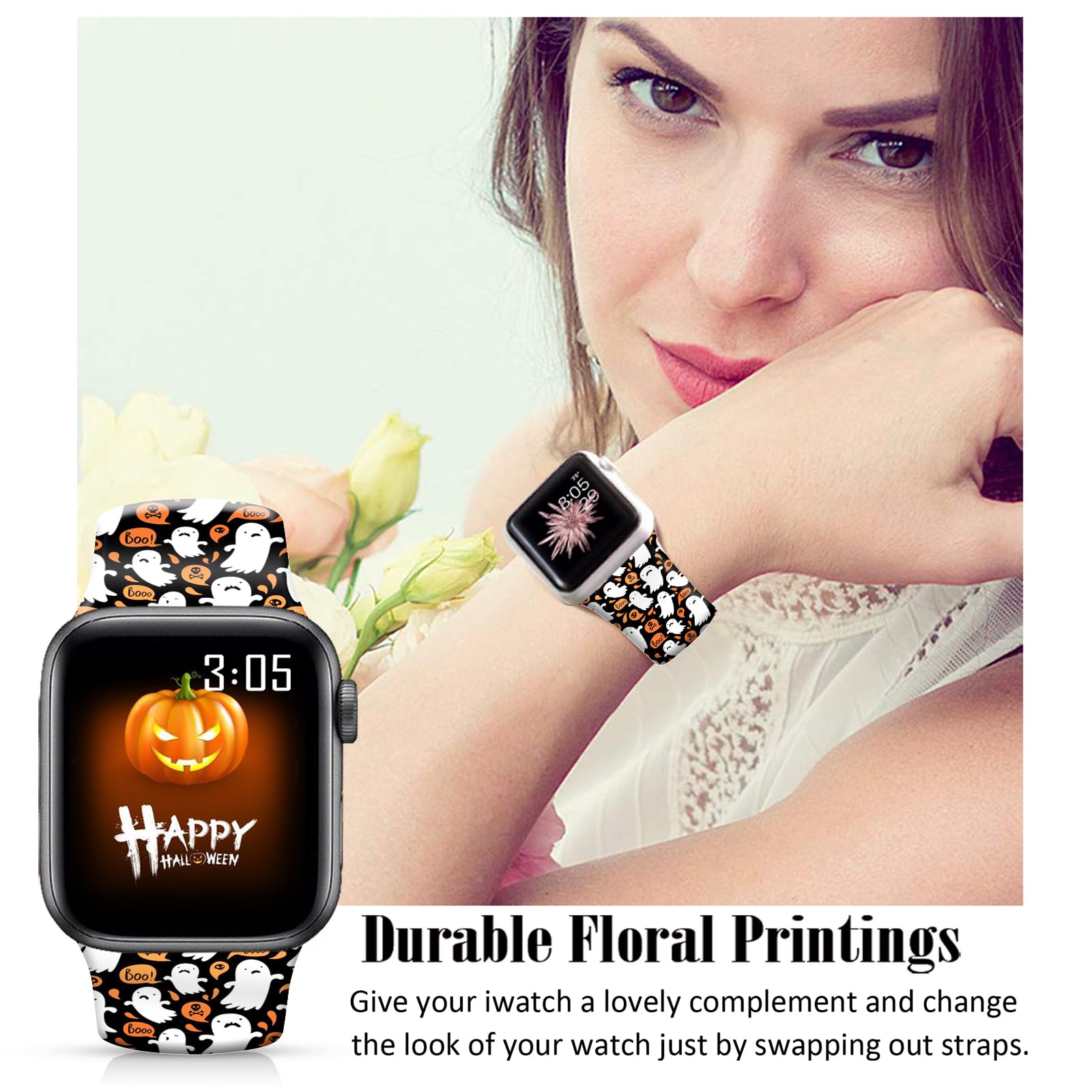 Ftfcase Fall Halloween Floral Silicone Bands Compatible With Apple Watch 49Mm 45Mm 44Mm 42Mm, Halloween Boo Flower Sport Strap R