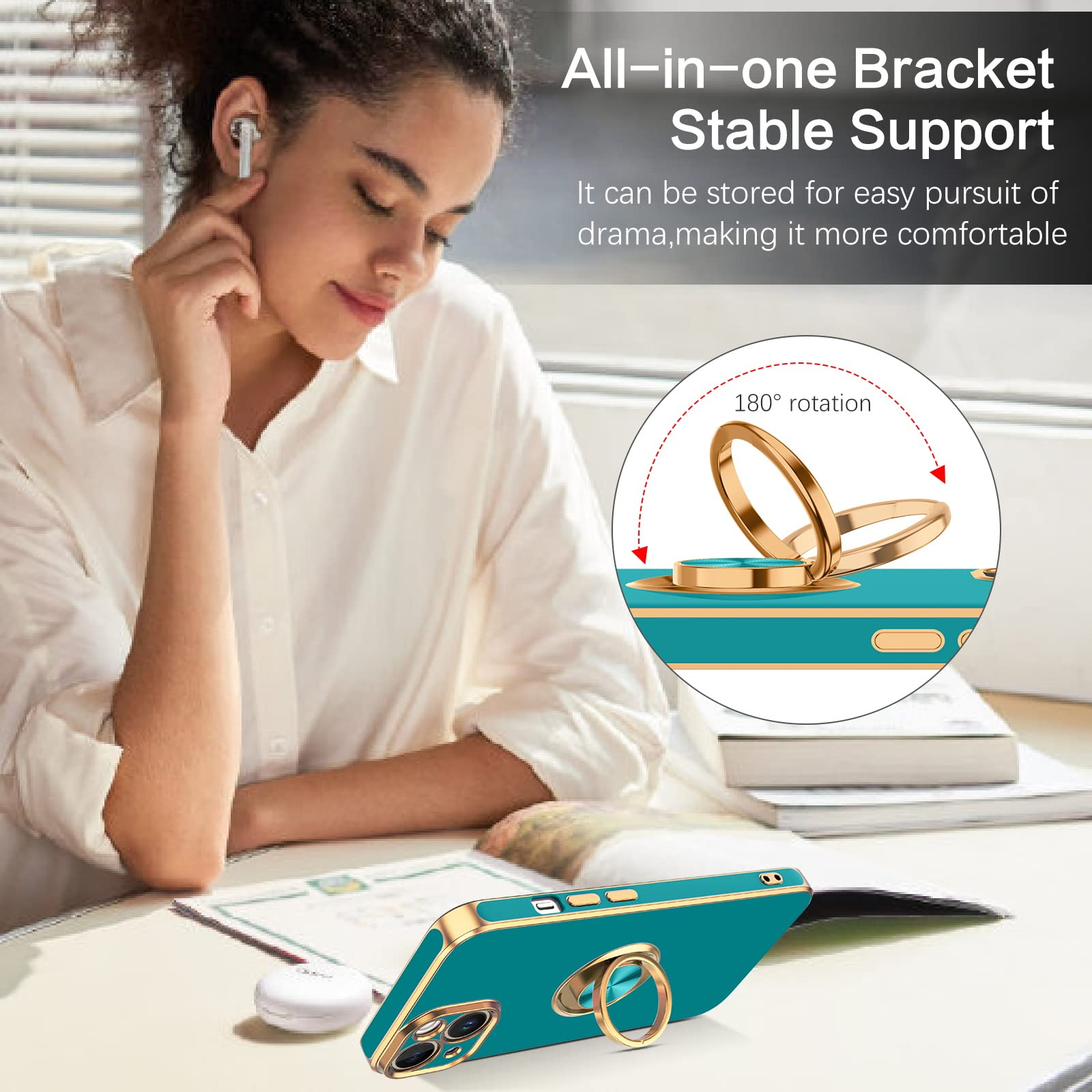 Veningo Iphone 14 Case, Phone Cases For Iphone 14, Slim Fit Soft 360 Ring Holder Kickstand Magnetic Car Mount Supported Easy Cle