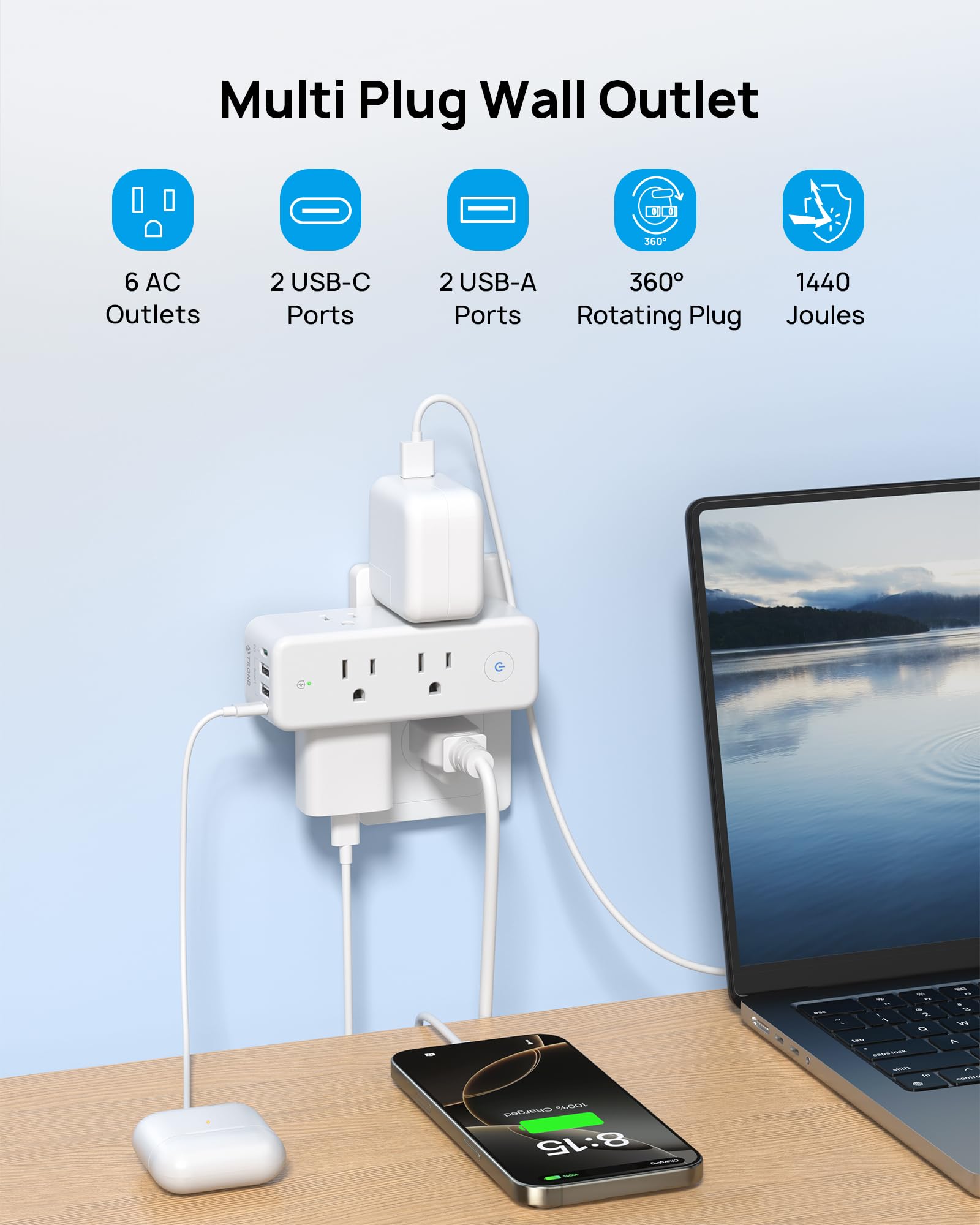 Trond Outlet Extender Surge Protector, 6 Ac Outlet Splitter With Rotating Plug 360, Multi Plug Adapter With Pd 20W Usb C, 1440J,
