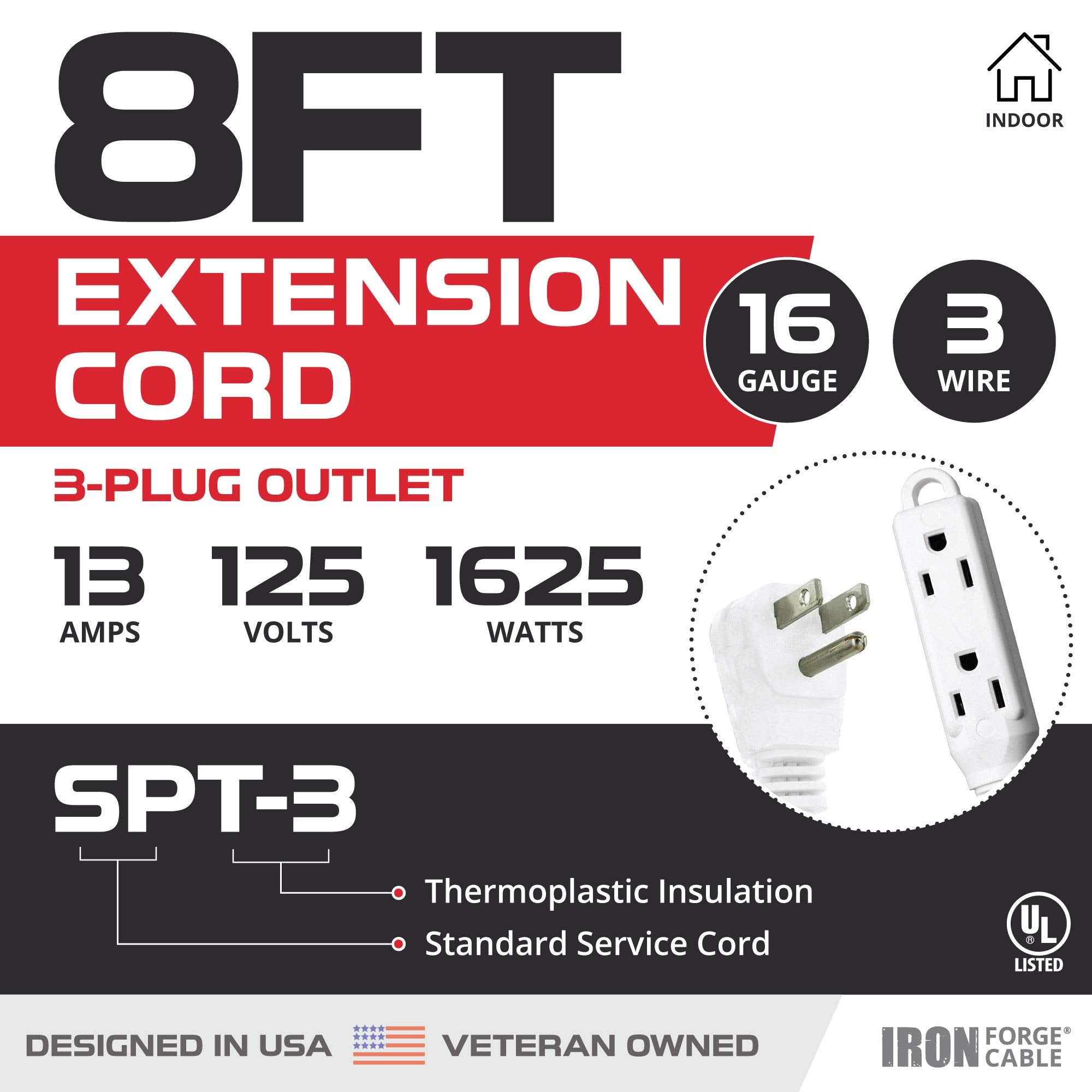 8 Ft Extension Cord With 3 Electrical Power Outlet   16/3 Durable White Cable