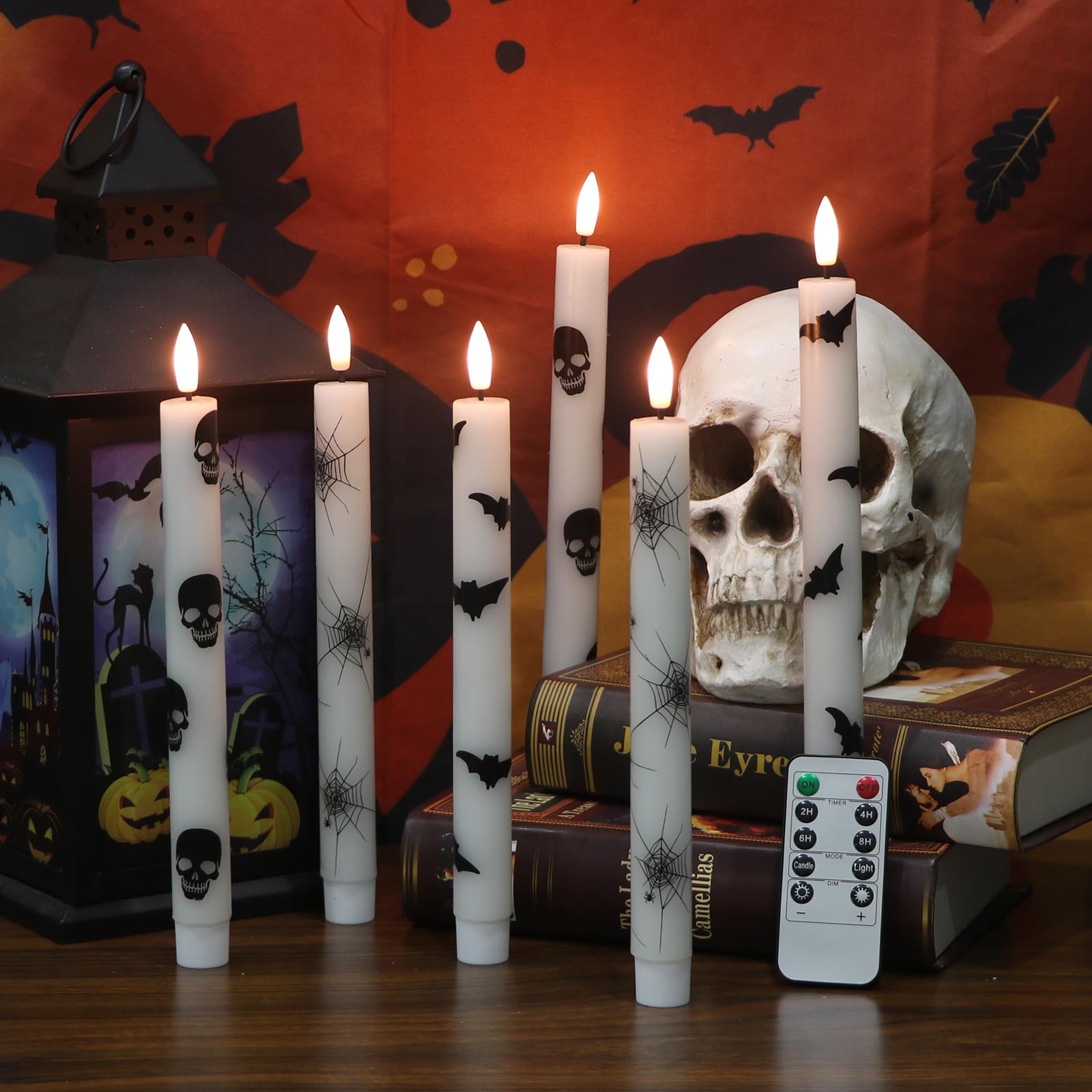 Lasumora Halloween Flameless Taper Candles With Remote Timer, 6 Pack Led Flickering Candlestick, Battery Operated Real Wax Candl