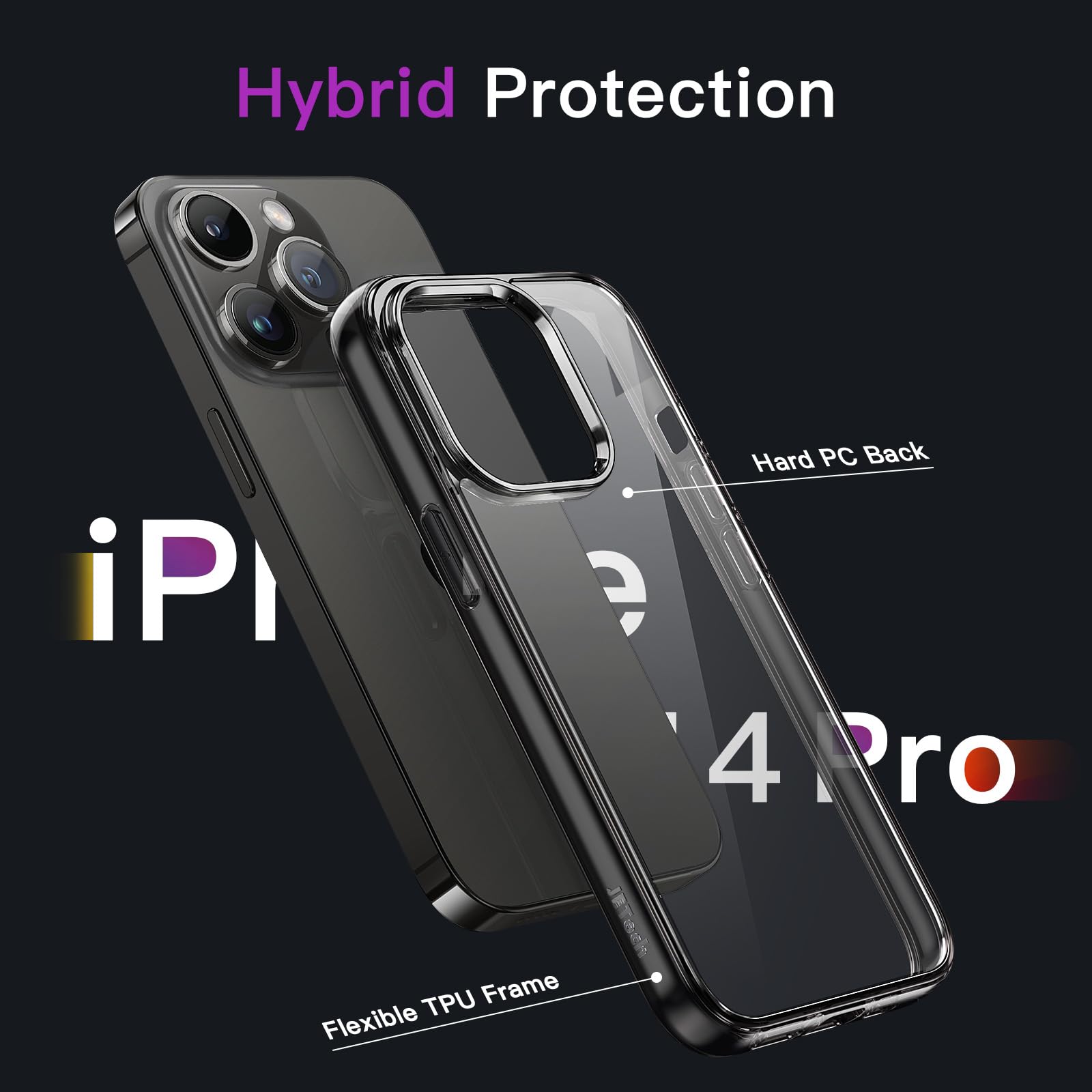 Jetech Case For Iphone 14 Pro 6.1 Inch, Non Yellowing Shockproof Phone Bumper Cover, Anti Scratch Clear Back (Black)