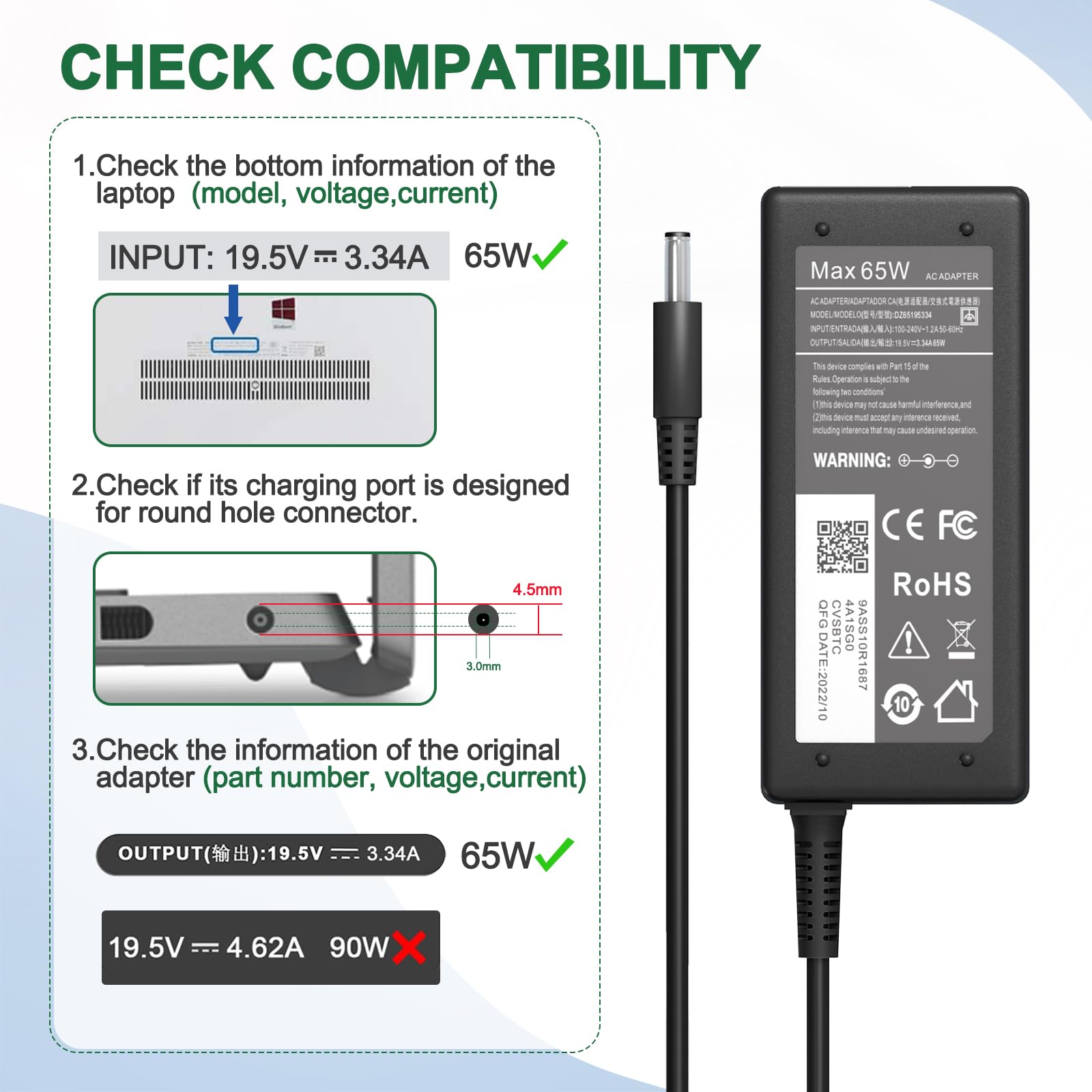 65W Charger For Dell Laptop Charger,Ac Adapter For Dell Inspiron 15 3000 5000 Series 15-3552 3555 3558 3565 3567 5551 5552 5555