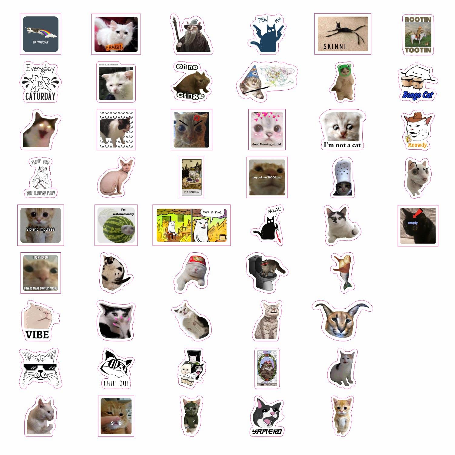 BulbaCraft 100Pcs Cat Meme Stickers - Vinyl Funny Cat Memes, Grumpy Cat, Cat Lover Gifts, Laptop Decals
