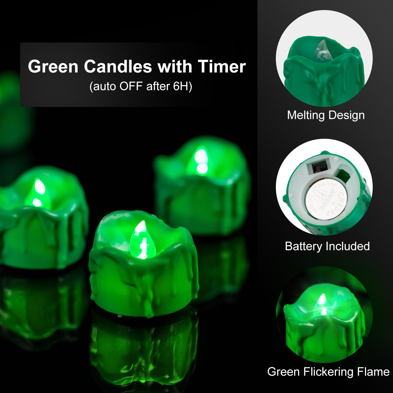 Windshell Green Flickering Flame Tealight Candles With Timer, Melting Design (Plastic), Battery Operated Led Flameless Tea Light