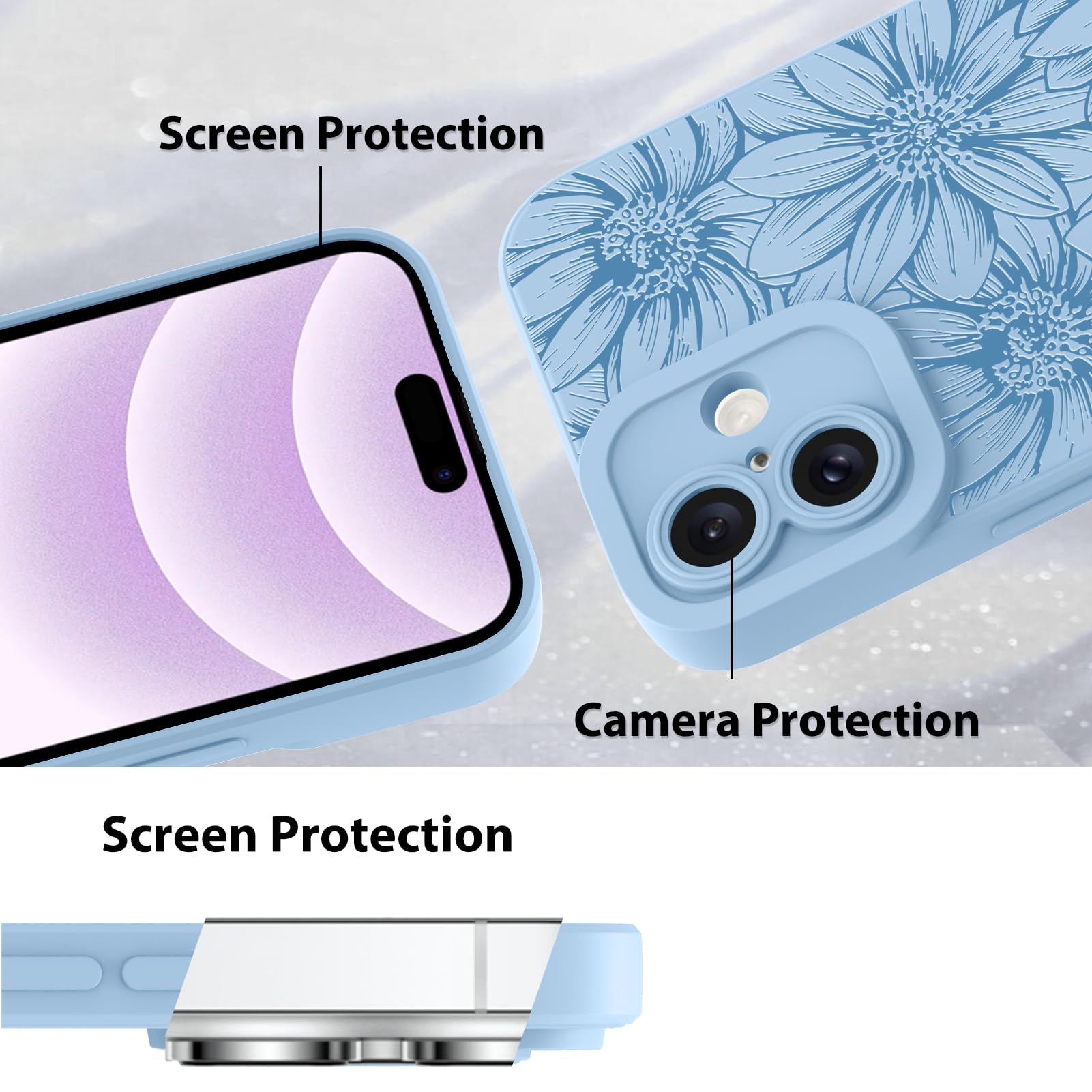 Mzelq For Iphone 16 Plus Case Case, Silicone Black Floral Flowers Sunflowers Cute Pattern, Camera Protection Soft Slim Phone Cas