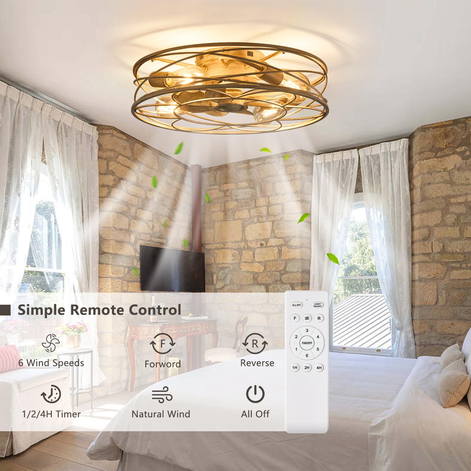 Flush Mount Caged Ceiling Fan: 20'' Caged Ceiling Fan With Lights And Remote, Low Profile Cage Ceiling Fan 6 Speed Reversible Qu