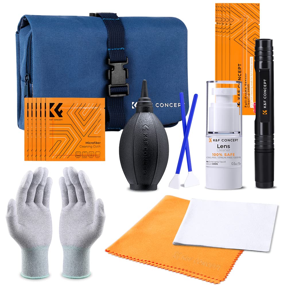 K&F Concept Professional Lens Cleaning Kit For Dslr & Mirrorless Cameras With Aps C/Full Frame Sensor Cleaning Swabs/Lens Cleaner/Gloves/Camera Blower/Lens Pen Brush/Microfiber Cloths/Carrying Case