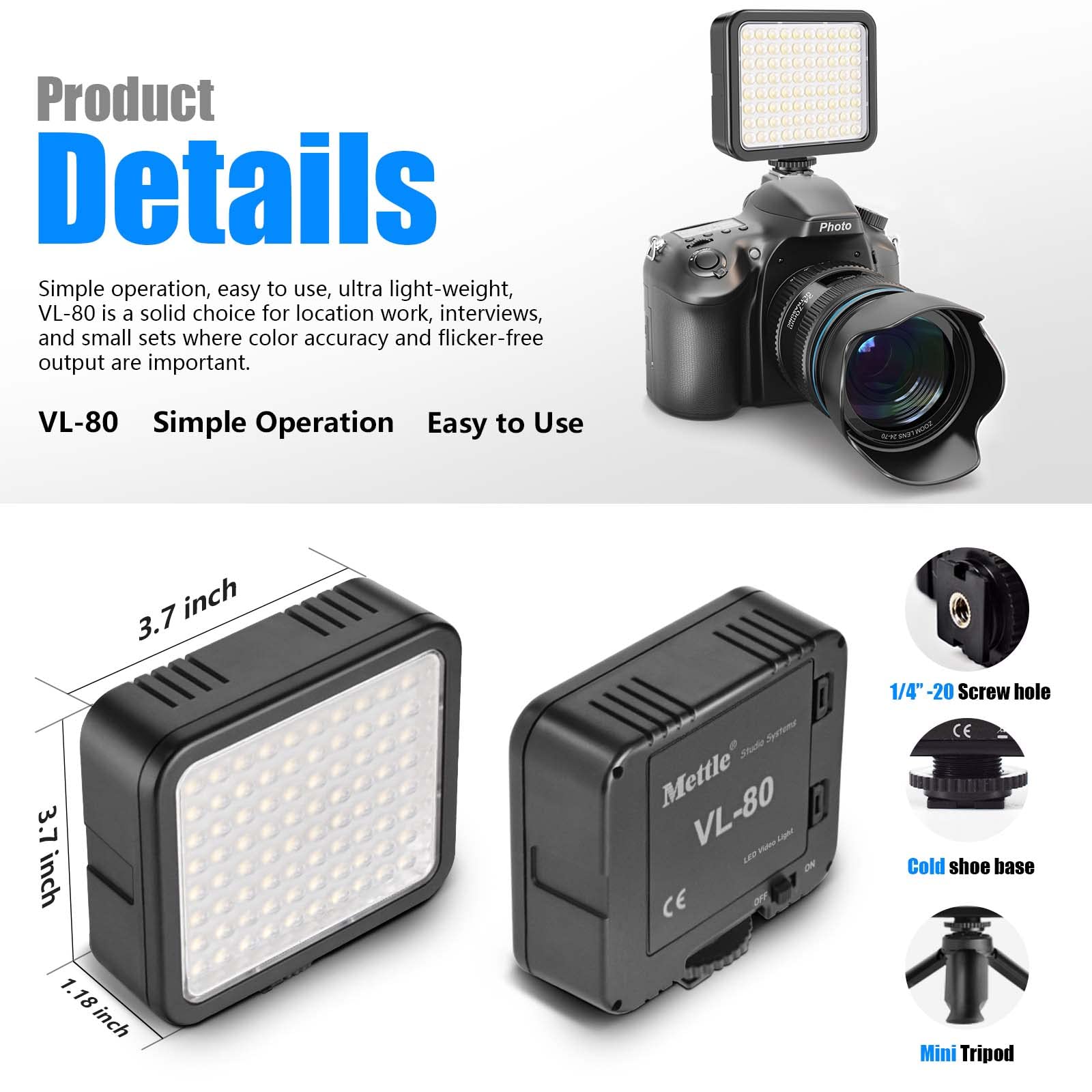Mettlelite Vl80 Led Video Light Kit Portable Continuous On Camera Photography Lighting Ultra Bright With Mini Tripod & Color Fil