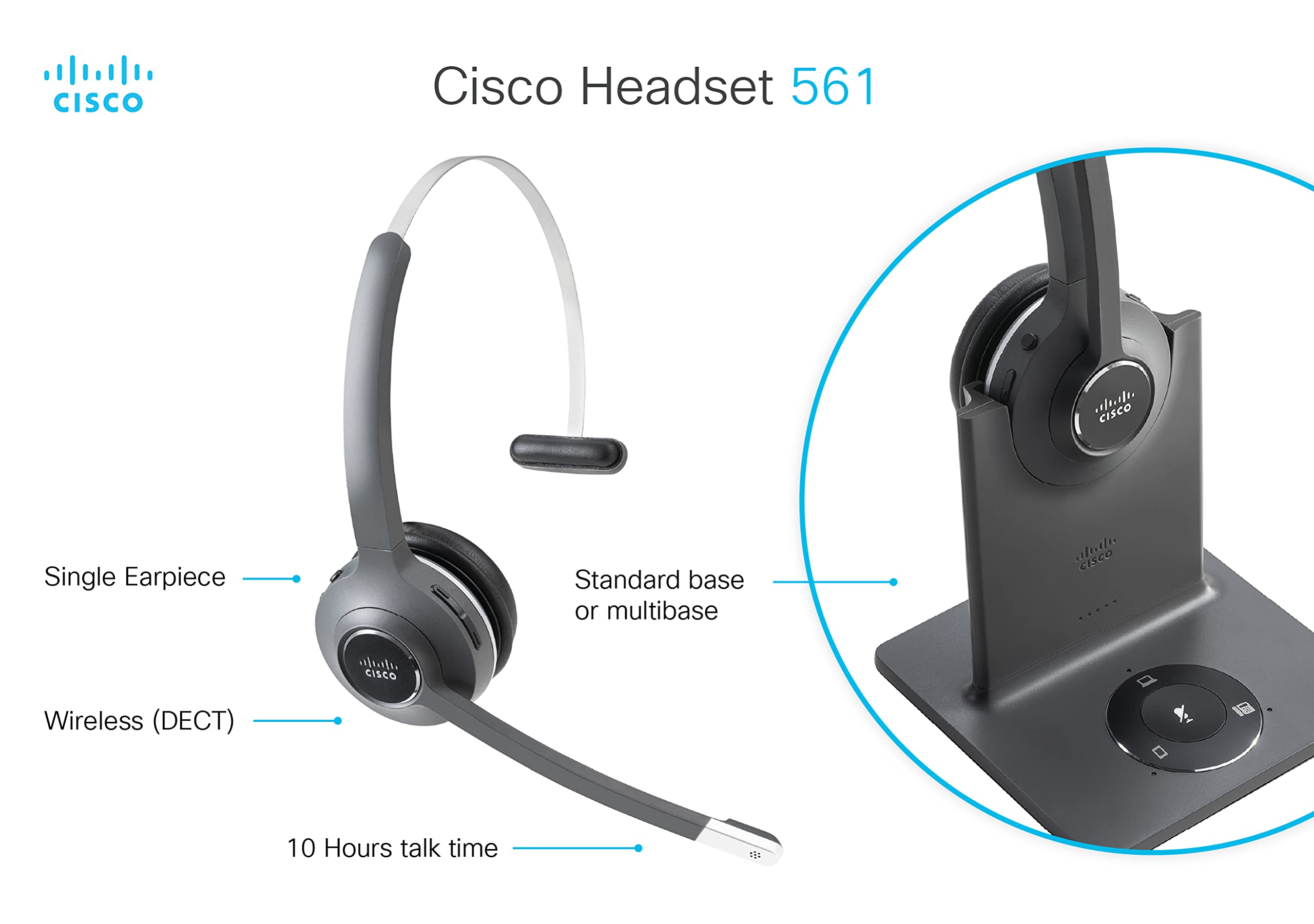 Cisco Headset 561, Wireless Single On Ear Digital Enhanced Cordless Telecommunications Headset With Standard Base For Us & Canad