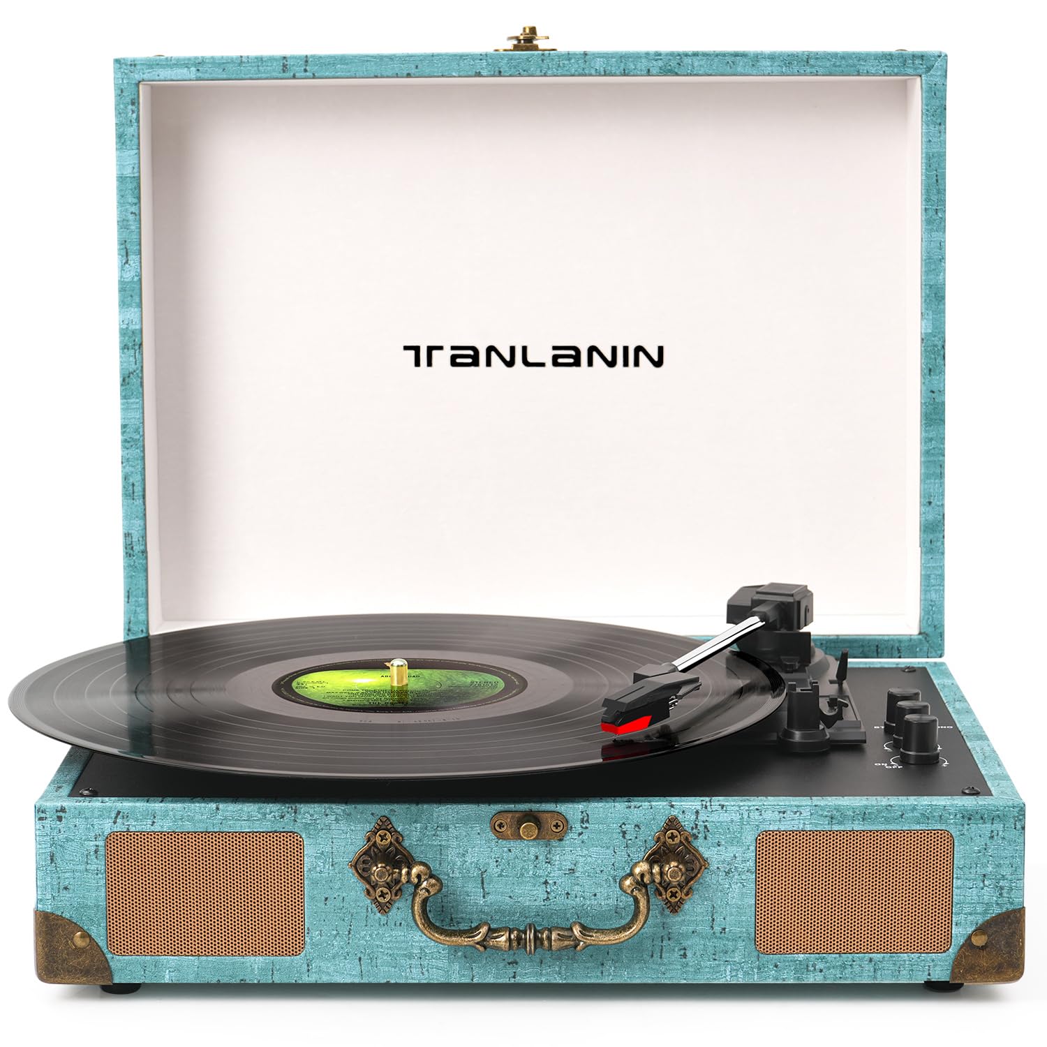 TANLANIN Vinyl Record Player with Bluetooth Output & Input, Treble & Bass Control, Vintage 3-Speed Portable Suitcase Turntable w