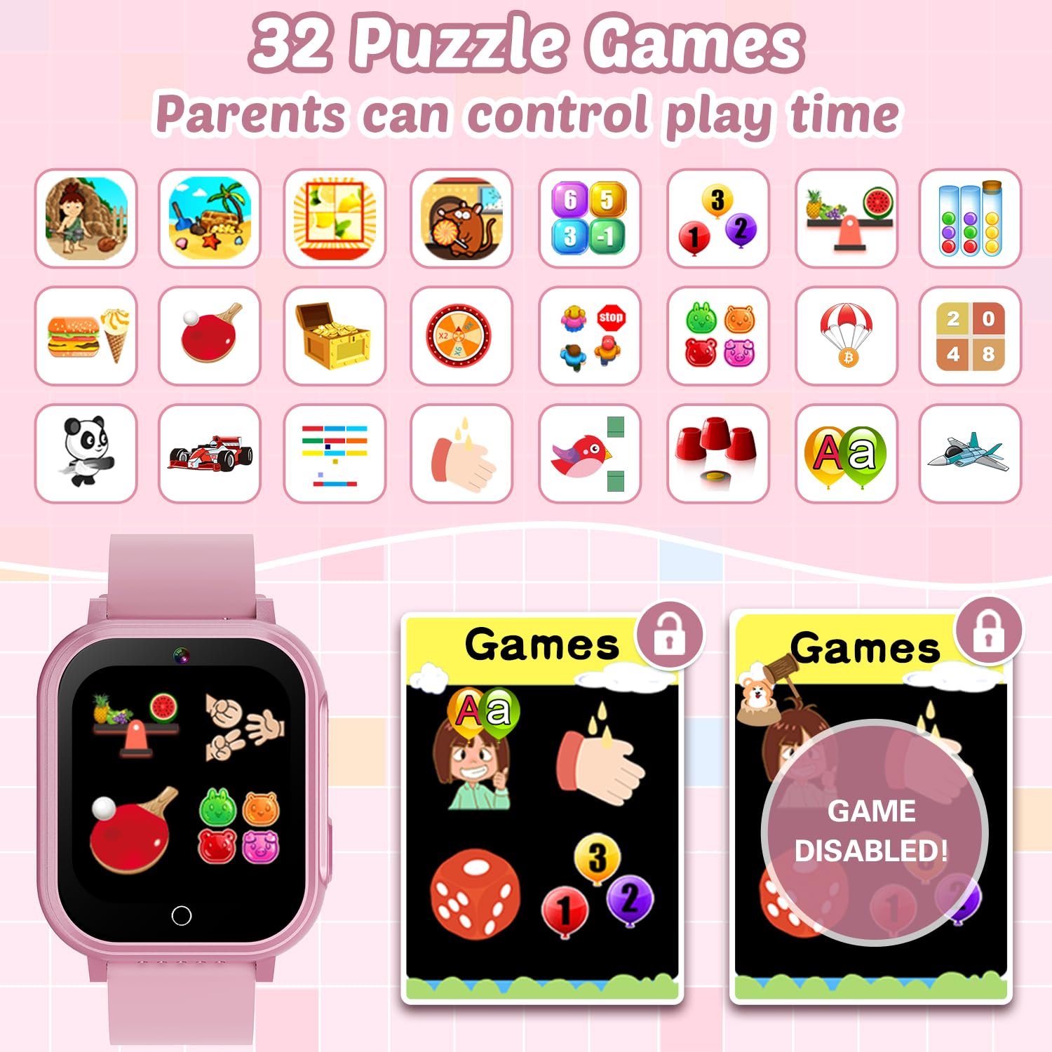 Waterproof Smart Watch For Kids Gift For Girls Age 5-12 With 32 Games, Dual Camera, Habit Tracking, Music Player, Video, Alarm C