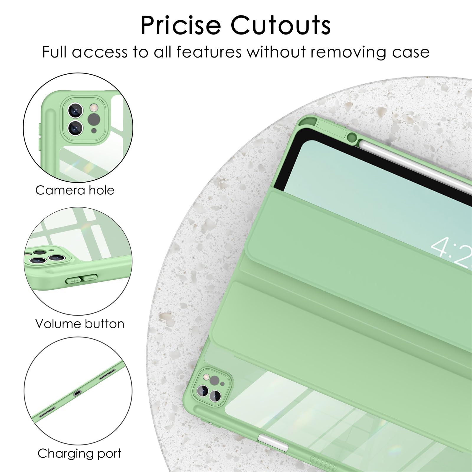 Soke Case For Ipad Air 13 M2 2024/Pro 12.9 (6Th/5Th/4Th Generation, 2022/2021/2020)   Pencil Holder+Auto Sleep/Wake+Camera Protection, Shockproof Back Cover For Ipad Pro 12.9 Inch, Matcha Green