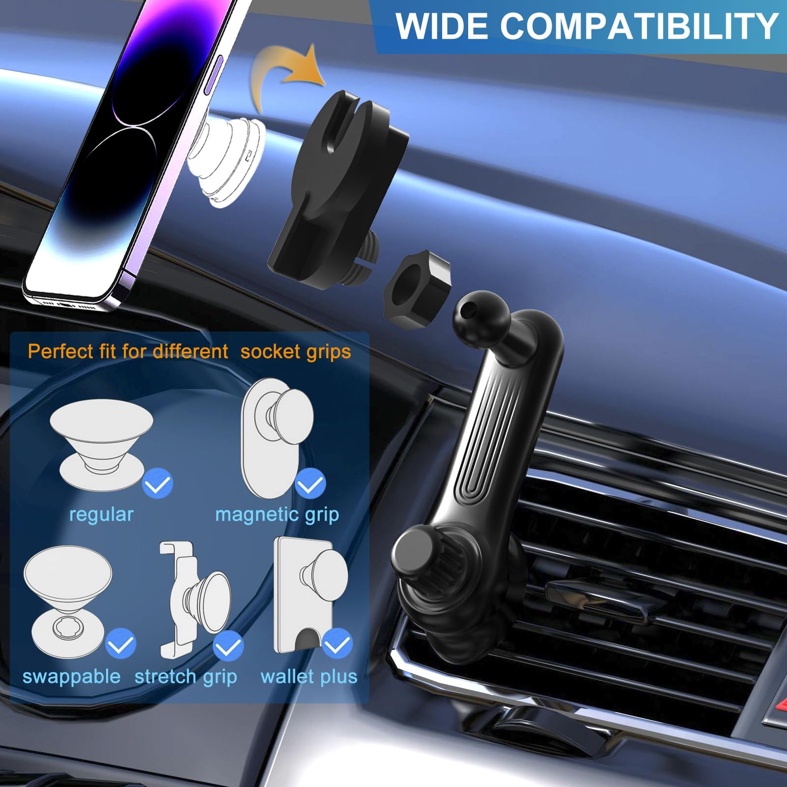 Car Phone Holder For Socket Mount, Air Vent Car Phone Holder For Pop Grip [Never Blocking] Ac Vent Clip Phone Mount 360 Adjustab