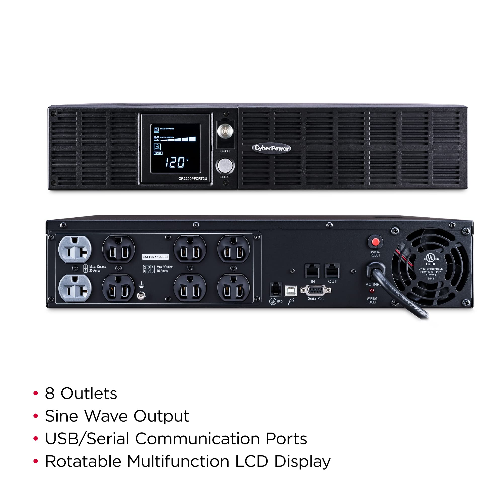 Cyberpower Or2200Pfcrt2U Pfc Sinewave Ups System, 2000Va/1540W, 8 Outlets, Avr, 2U Rack/Tower