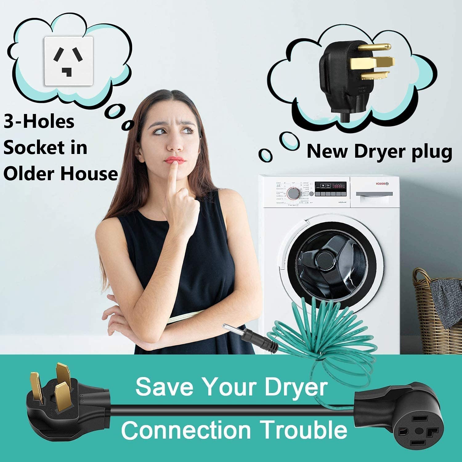 Eversimpleinc 4 Prong To 3 Prong Dryer Plug Adapter With Green Ground Wire, Connects 4 Prong New Dryer Female To 3 Prong Old Dry