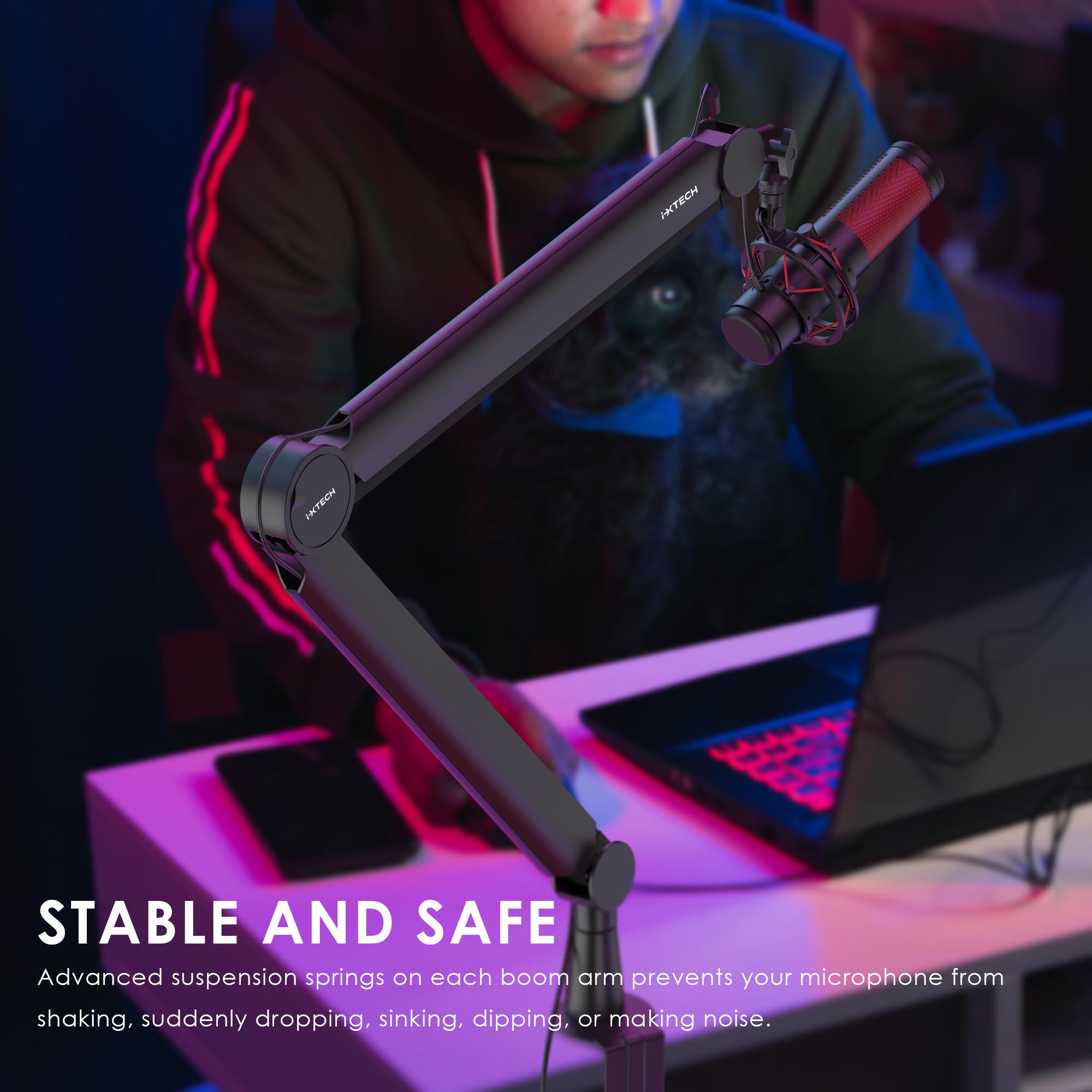 Ixtech Premium Microphone Boom Arm With Desk Mount, 360 Rotatable, Fully Adjustable, For Podcast, Video, Gaming, Radio, Studio,