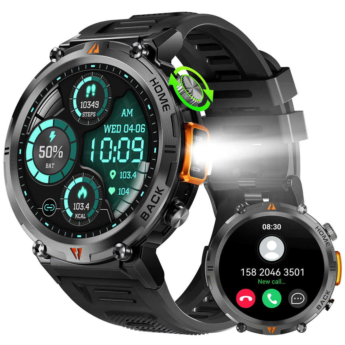 Military Smart Watch For Men (Call Receive/Dial) With Led Flashlight, 1.45'' Hd Outdoor Tactical Rugged Smartwatch, Sports Fitne