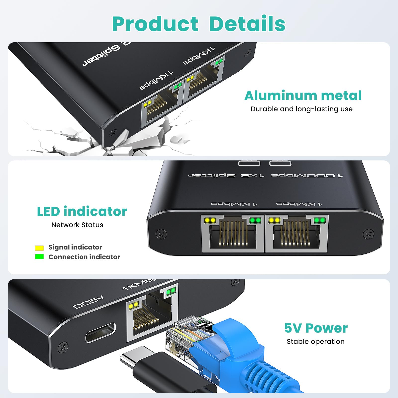 Ethernet Splitter 1 To 2, High Speed Gigabit 1000Mbps, Lan Network Splitter With Usb Power Cable, Gigabit Rj45 Internet Ethernet