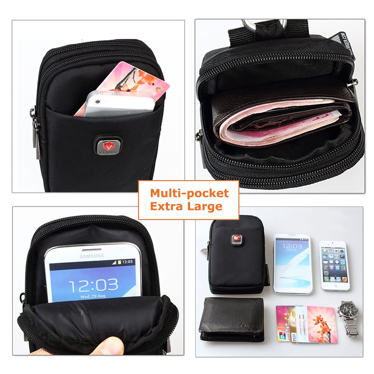 VIIGER Nylon Dual Phone Holster Belt Case - Black, Compatible with iPhone 17 Pro Max, 2 Zipper Pockets, Men's Belt Pouch