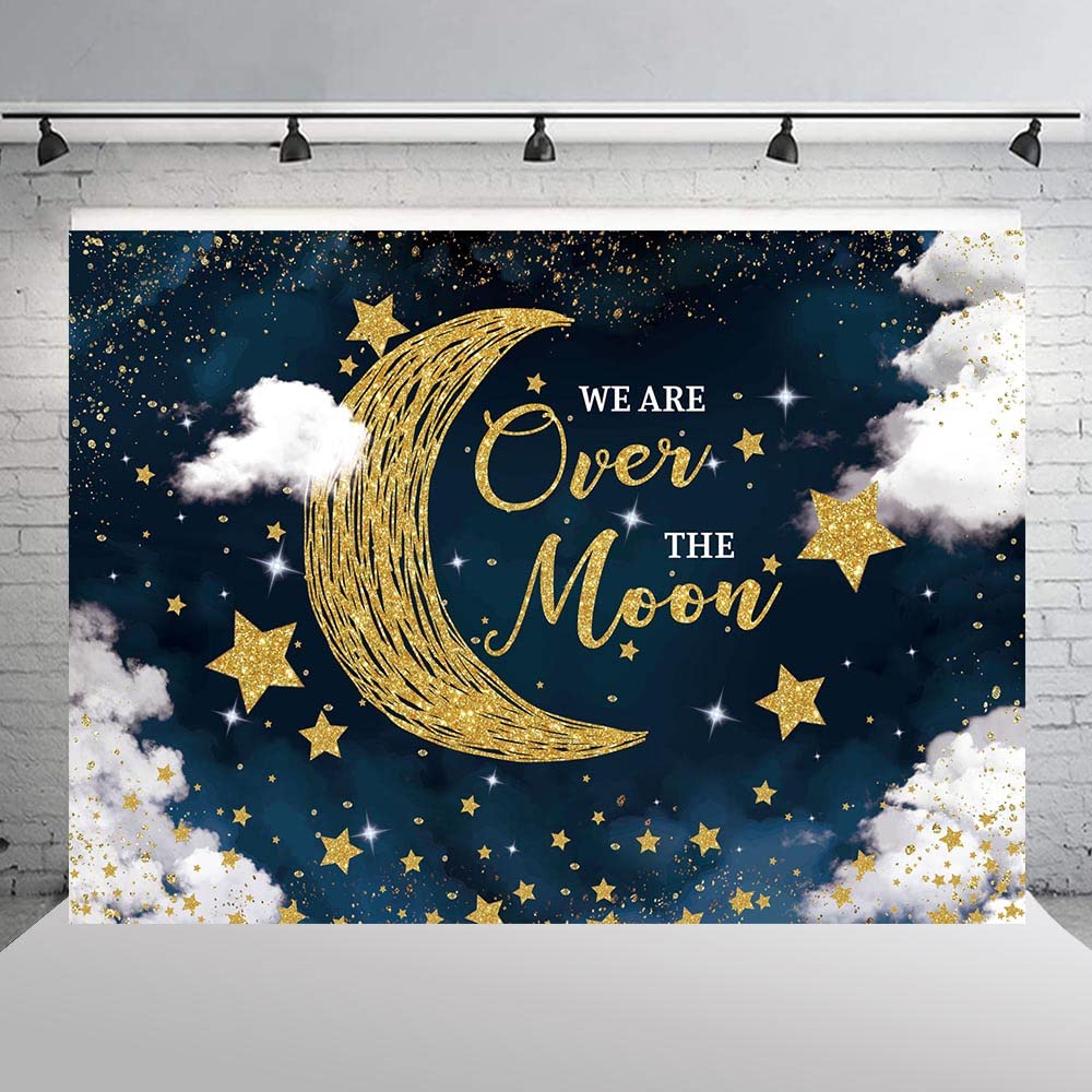 Hilioens 7  5Ft We Are Over The Moon Baby Shower Backdrop Moon And Stars Starry Night Celestial Background Twinkle Twinkle Littl