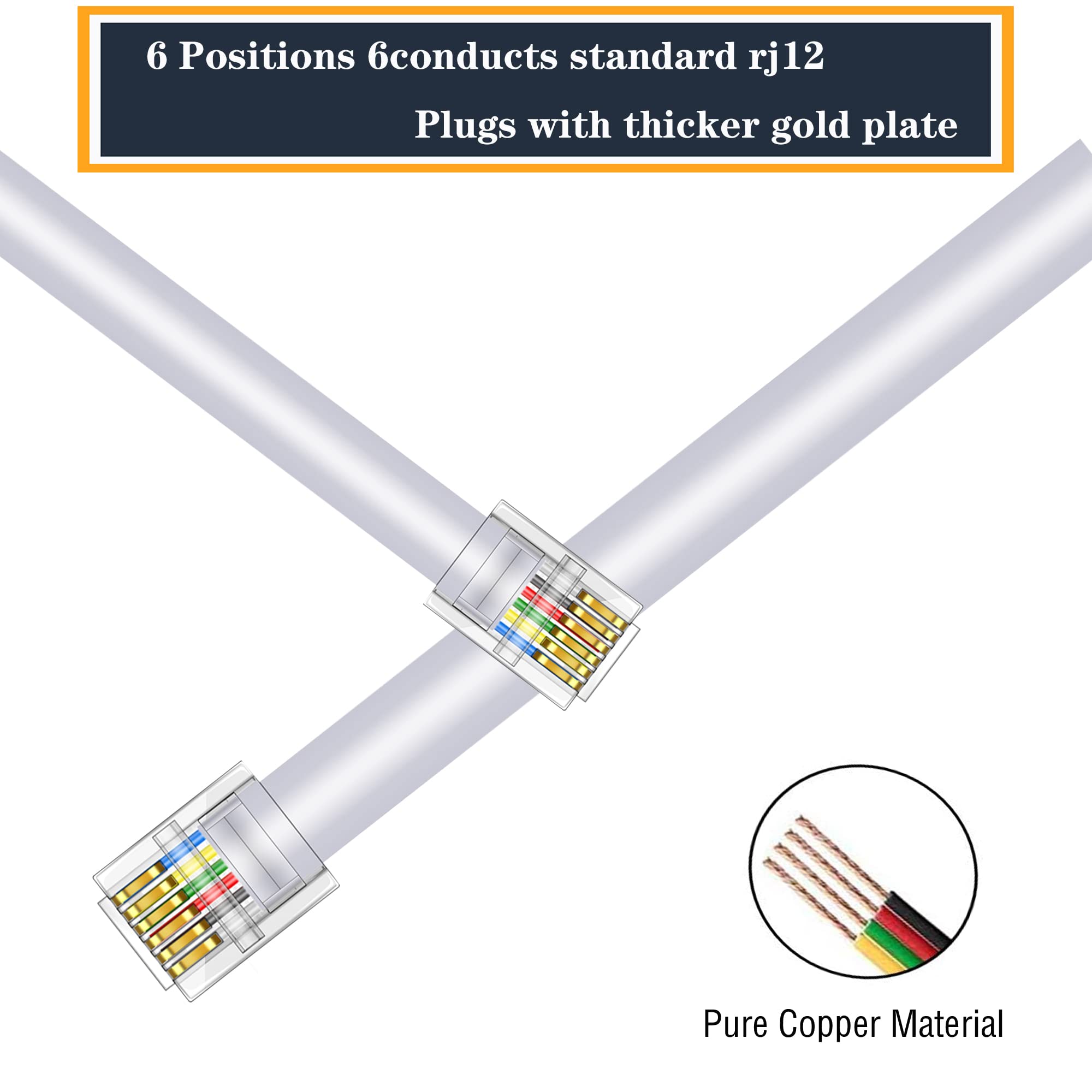 Lansensu Rj12 Cable Phone Cord Rj12 6P6C Male To Male Straight Wired For Both Data And Voice Use   2Pack (White, 3.3Ft)