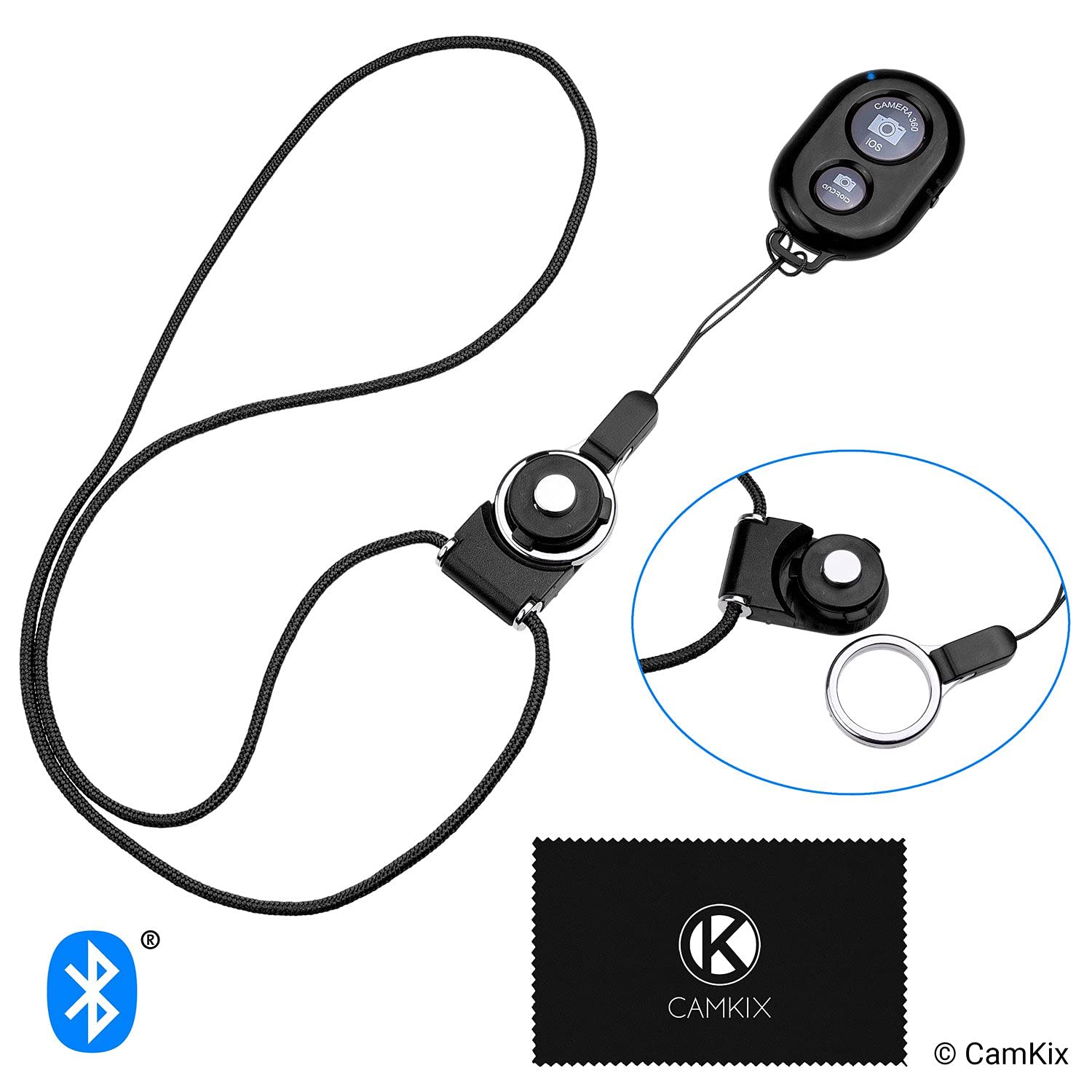 Camkix Camera Shutter Remote Control With Bluetooth Wireless Technology   Black   Lanyard With Detachable Ring Mount   Capture Pictures/Video Wirelessly At 30 Ft Compatible With Iphone/Android